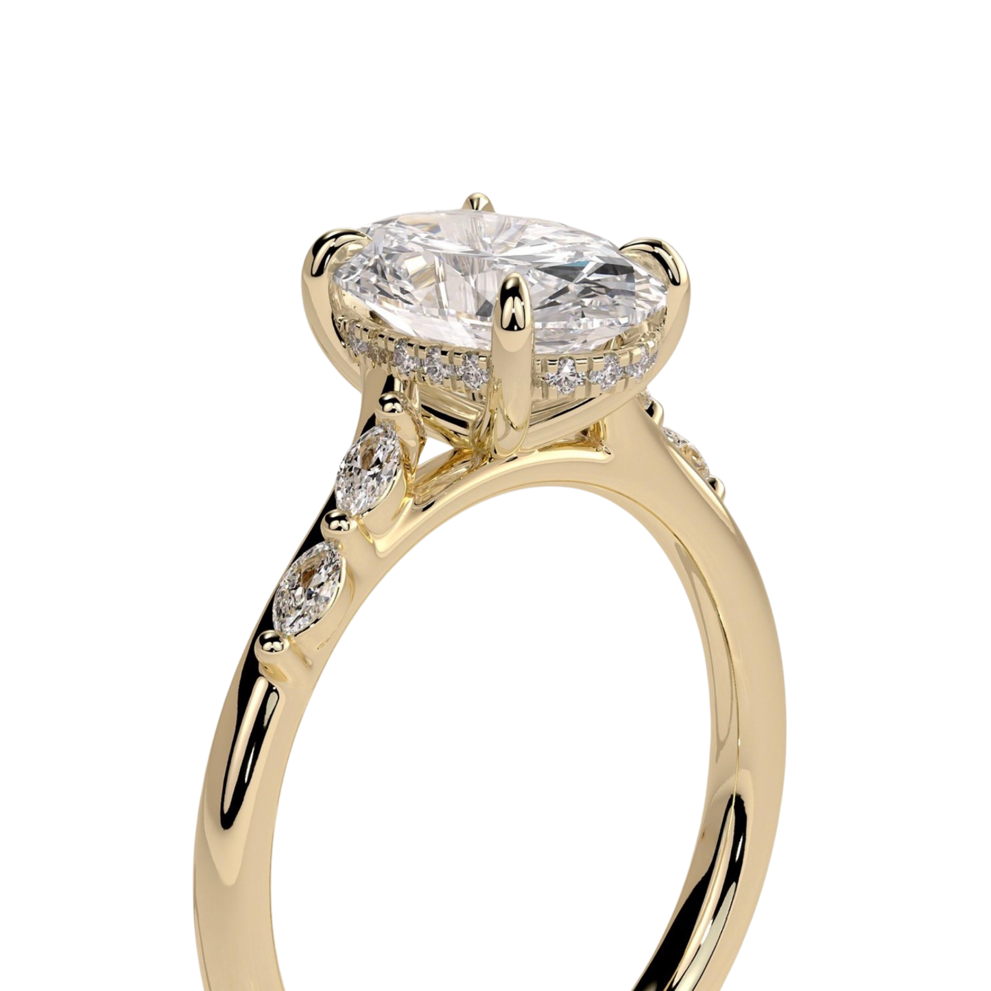 Luxury custom oval claw solitaire engagement ring featuring a brilliant oval-cut center stone with a sparkling hidden halo, flanked by elegant opposing marquise-cut side accents on an elevated high cathedral setting. Sophisticated timeless design crafted for maximum brilliance, structural durability, and elegance, available in custom carat weights and white gold, yellow gold, rose gold, platinum, lab-grown diamond, or moissanite options.