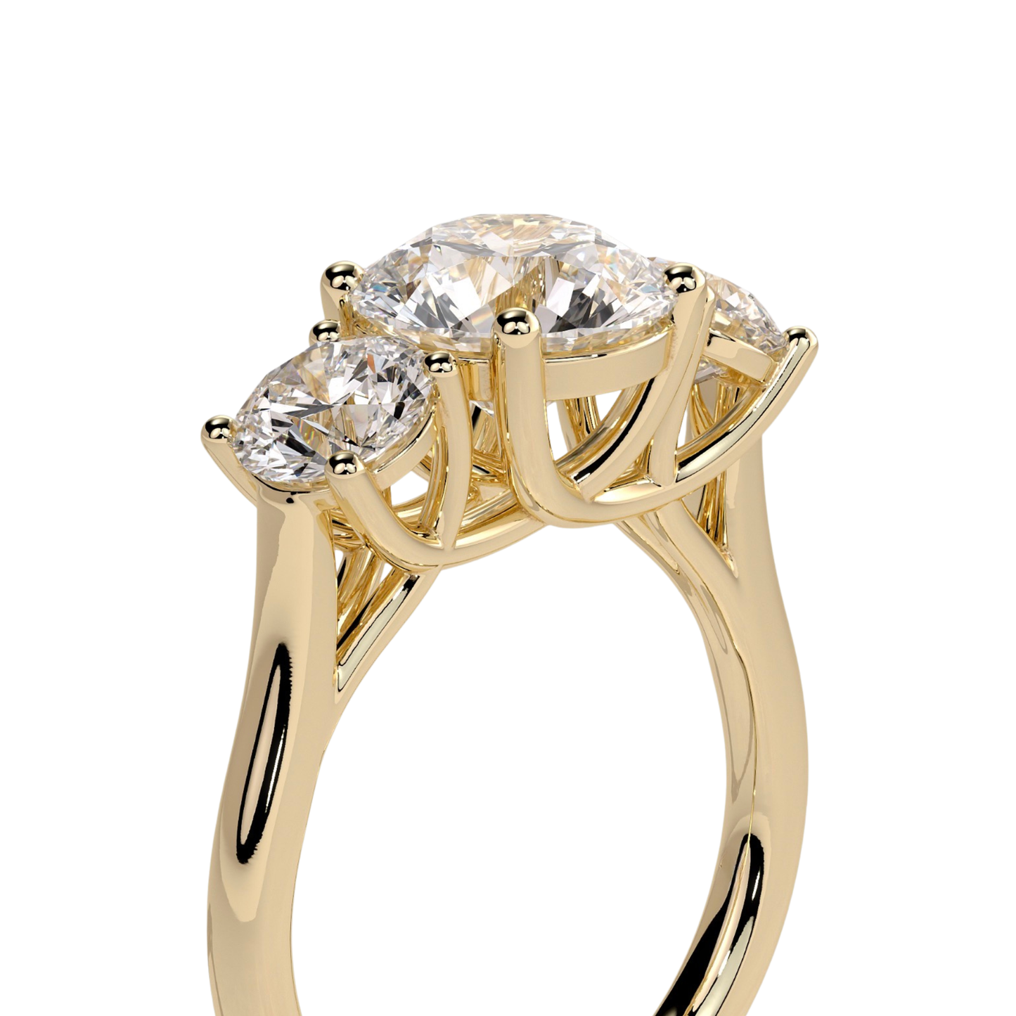 Luxury custom round claw trilogy engagement ring featuring a brilliant round-cut center stone flanked by matching round-shaped side stones and an elegant woven trellis gallery setting. Classic timeless three-stone design crafted for exceptional brilliance, structural sophistication, and durability, available in custom carat weights and white gold, yellow gold, rose gold, platinum, lab-grown diamond, or moissanite options.