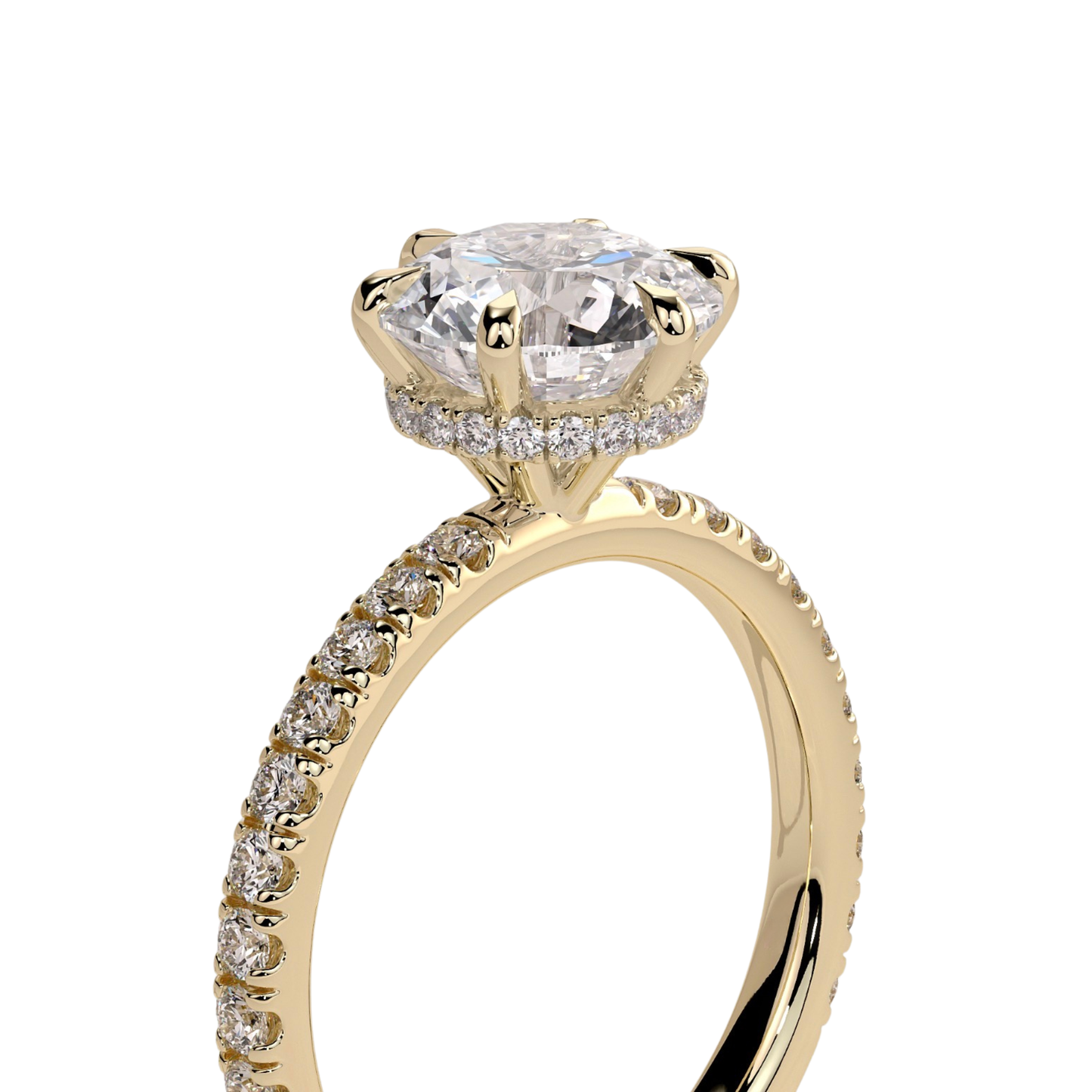 Luxury round claw solitaire engagement ring featuring a brilliant round-cut center stone secured in a refined claw setting with a sparkling wrap around hidden halo and pavé diamond band. Elegant timeless design crafted for exceptional brilliance and sophistication, available in white gold, yellow gold, rose gold, platinum, lab-grown diamond, or moissanite options.