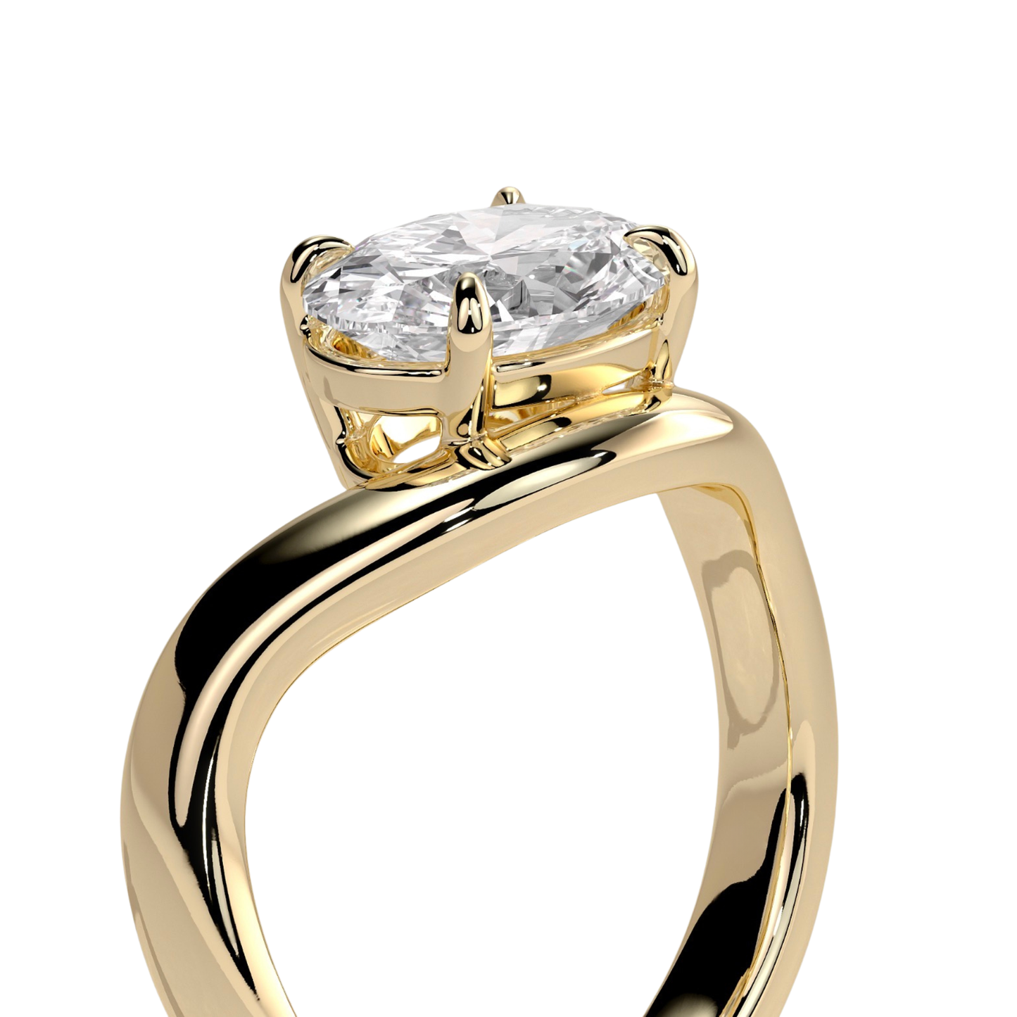 Luxury oval east west claw solitaire engagement ring featuring a brilliant horizontally set oval-cut center stone with an elegant wave band design. Modern sculpted silhouette crafted for timeless sophistication and everyday brilliance, available in white gold, yellow gold, rose gold, platinum, lab-grown diamond, or moissanite options.