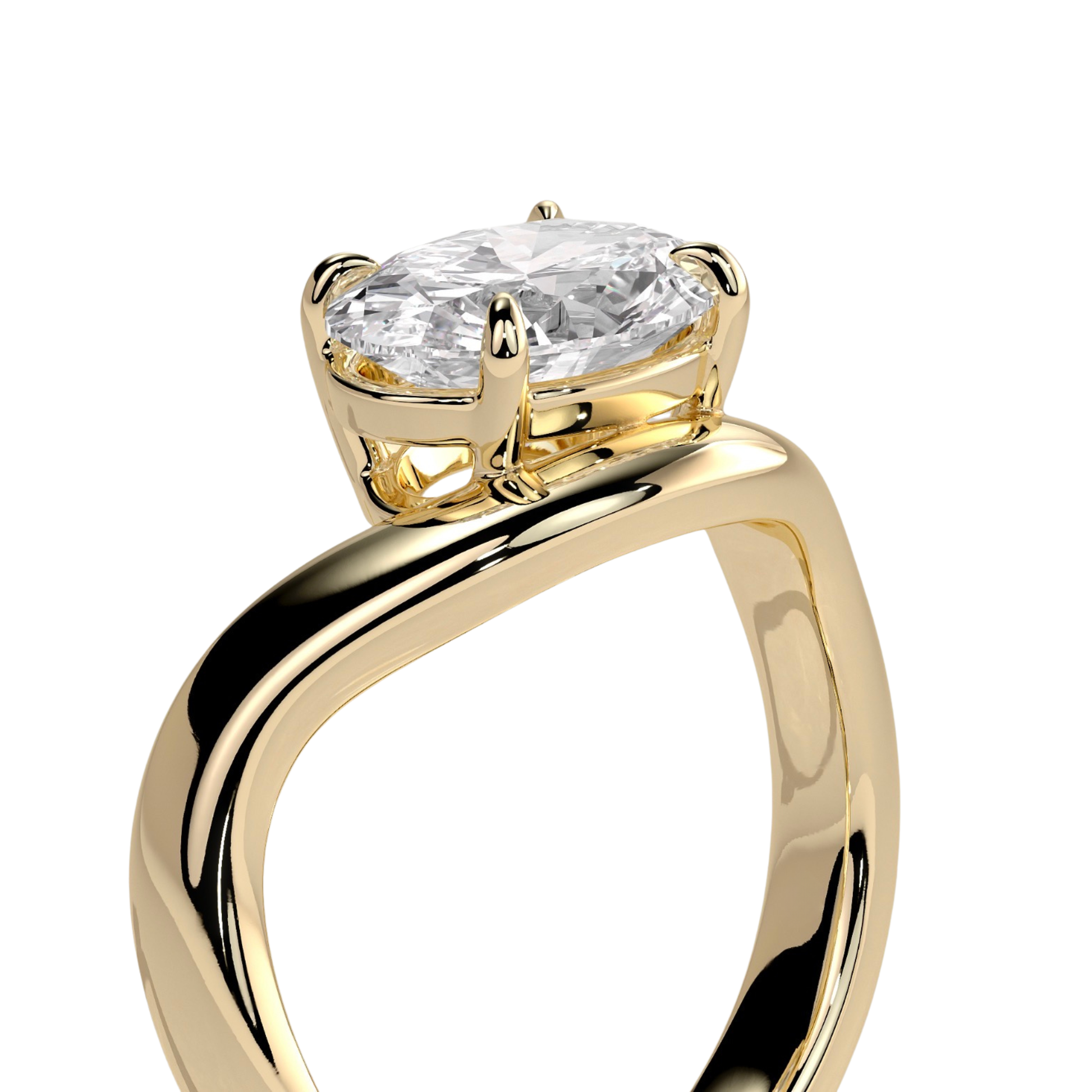 Luxury oval east west claw solitaire engagement ring featuring a brilliant horizontally set oval-cut center stone with an elegant wave band design. Modern sculpted silhouette crafted for timeless sophistication and everyday brilliance, available in white gold, yellow gold, rose gold, platinum, lab-grown diamond, or moissanite options.