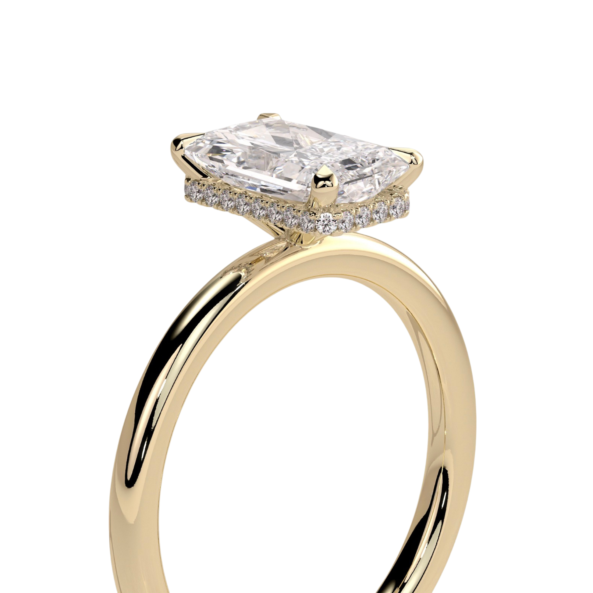 Luxury radiant claw solitaire engagement ring featuring a brilliant radiant-cut center stone secured in a refined claw setting with a sparkling wrap around hidden halo beneath the center stone. Elegant modern design crafted for maximum brilliance and sophistication, available in white gold, yellow gold, rose gold, platinum, lab-grown diamond, or moissanite options.