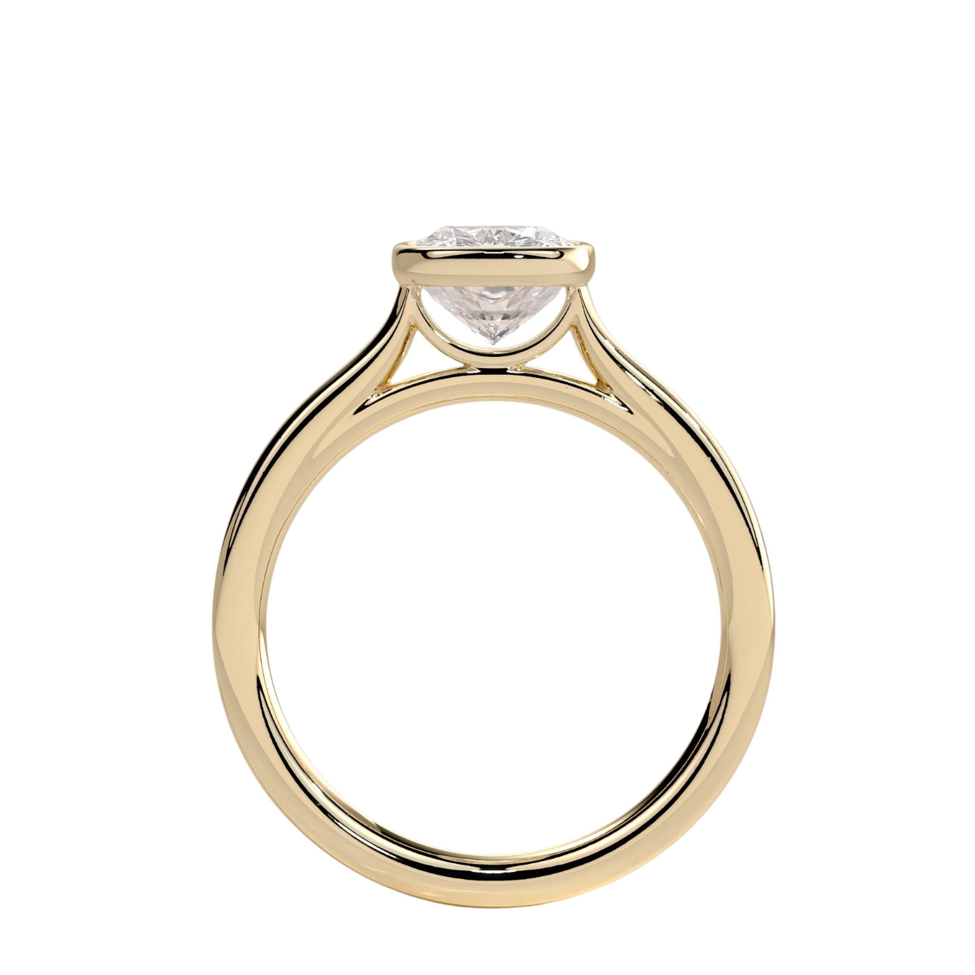 Luxury elongated cushion bezel solitaire engagement ring featuring a brilliant elongated cushion-cut center stone in a sleek bezel setting with an elegant cathedral high profile. Modern timeless design crafted for sophistication and durability, available in white gold, yellow gold, rose gold, platinum, lab-grown diamond, or moissanite options.