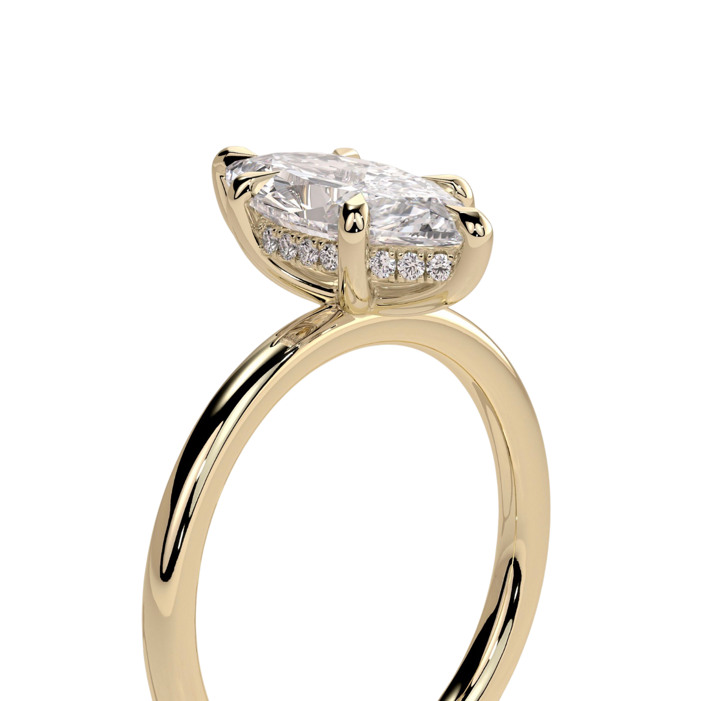 Luxury custom marquise claw solitaire engagement ring featuring a brilliant marquise-cut center stone secured in refined claws with a sparkling hidden halo beneath the center stone. Elegant timeless minimalist design crafted for exceptional brilliance, sophistication, and durability, available in custom carat weights and white gold, yellow gold, rose gold, platinum, lab-grown diamond, or moissanite options.