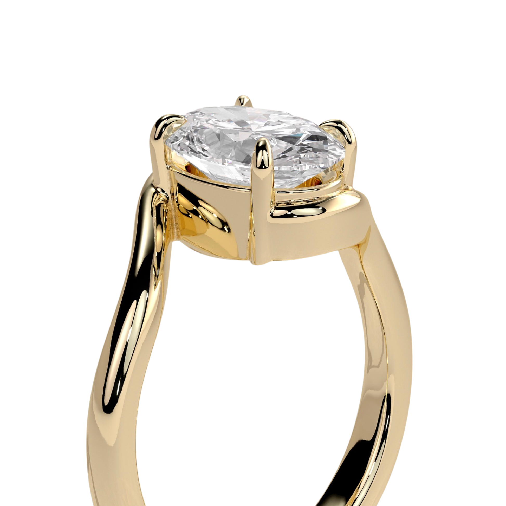 Luxury oval claw solitaire engagement ring featuring a brilliant oval-cut center stone secured in a refined claw setting with an elegant bypass band design. Modern flowing silhouette crafted for timeless sophistication and everyday brilliance, available in white gold, yellow gold, rose gold, platinum, lab-grown diamond, or moissanite options.