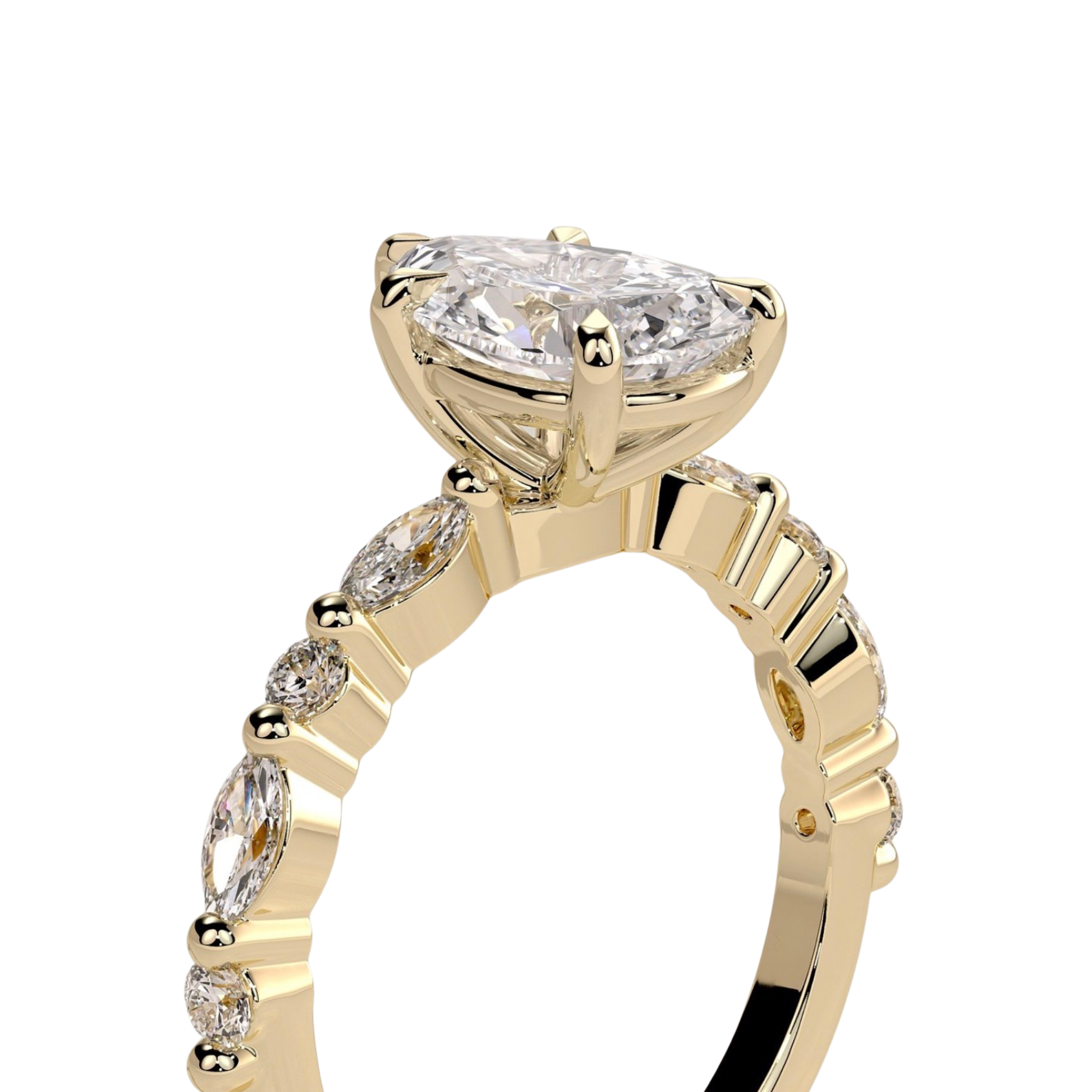 Luxury 2ct pear claw solitaire engagement ring featuring a brilliant pear-cut center stone accented with marquise and round side diamonds for enhanced sparkle and elegance. Timeless handcrafted design with exceptional brilliance and sophistication, available in white gold, yellow gold, rose gold, platinum, lab-grown diamond, or moissanite options.