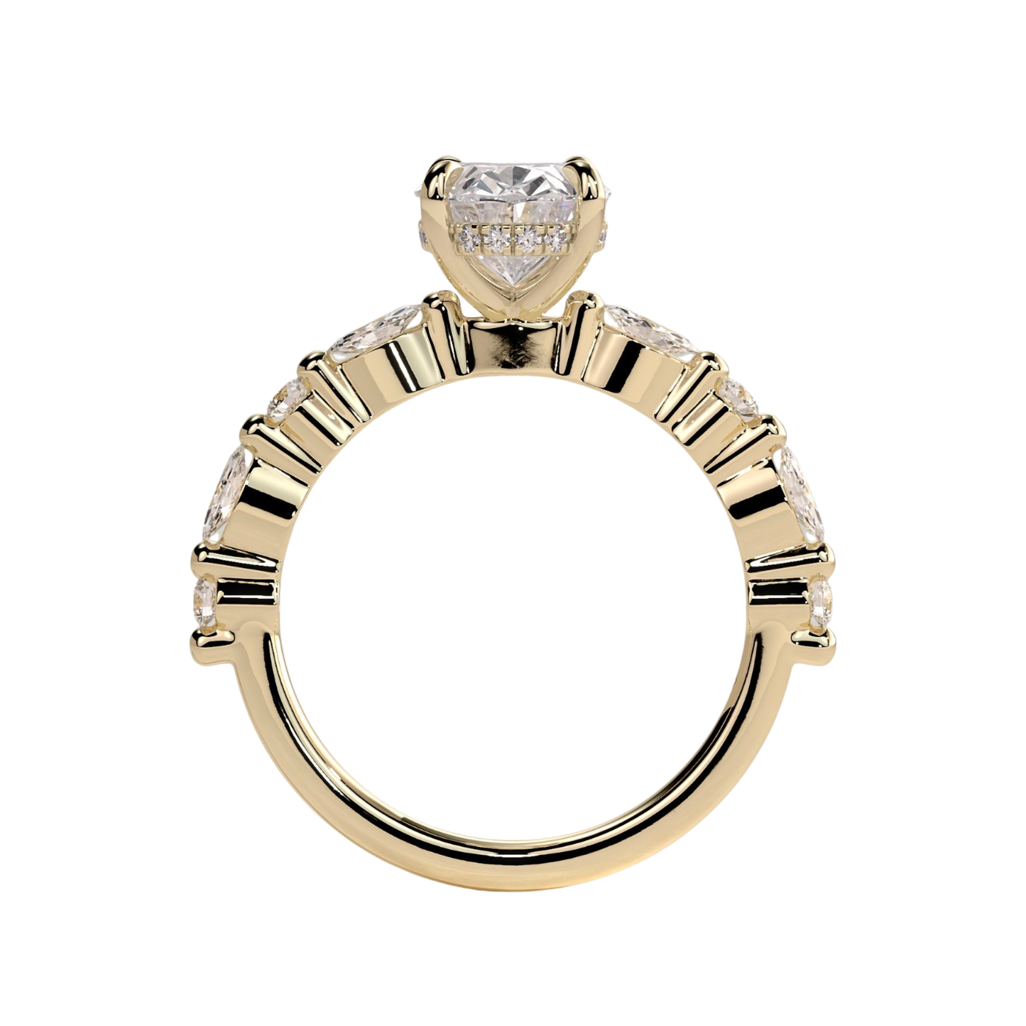 Luxury oval claw solitaire engagement ring featuring a brilliant oval-cut center stone accented with marquise and round side diamonds, finished with a sparkling hidden halo beneath the center stone. Elegant timeless design crafted for exceptional brilliance and sophistication, available in white gold, yellow gold, rose gold, platinum, lab-grown diamond, or moissanite options.