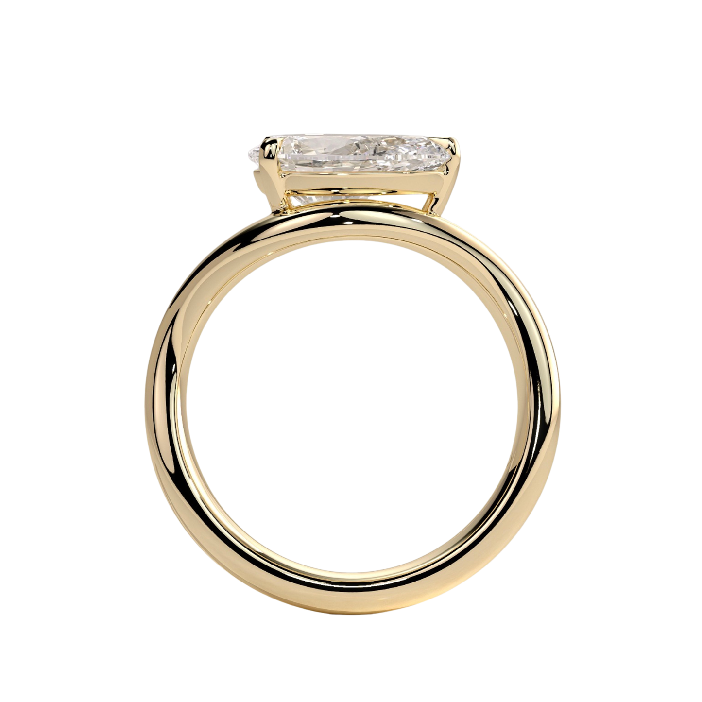 Luxury custom pear east-west claw solitaire engagement ring featuring a brilliant horizontally set pear-cut center stone secured in refined claws on a fluid, modern wave band. Contemporary timeless design crafted for exceptional brilliance, unique sophistication, and durability, available in custom carat weights and white gold, yellow gold, rose gold, platinum, lab-grown diamond, or moissanite options.