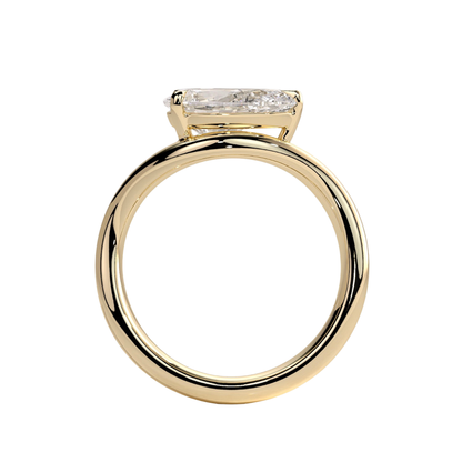 Luxury custom pear east-west claw solitaire engagement ring featuring a brilliant horizontally set pear-cut center stone secured in refined claws on a fluid, modern wave band. Contemporary timeless design crafted for exceptional brilliance, unique sophistication, and durability, available in custom carat weights and white gold, yellow gold, rose gold, platinum, lab-grown diamond, or moissanite options.