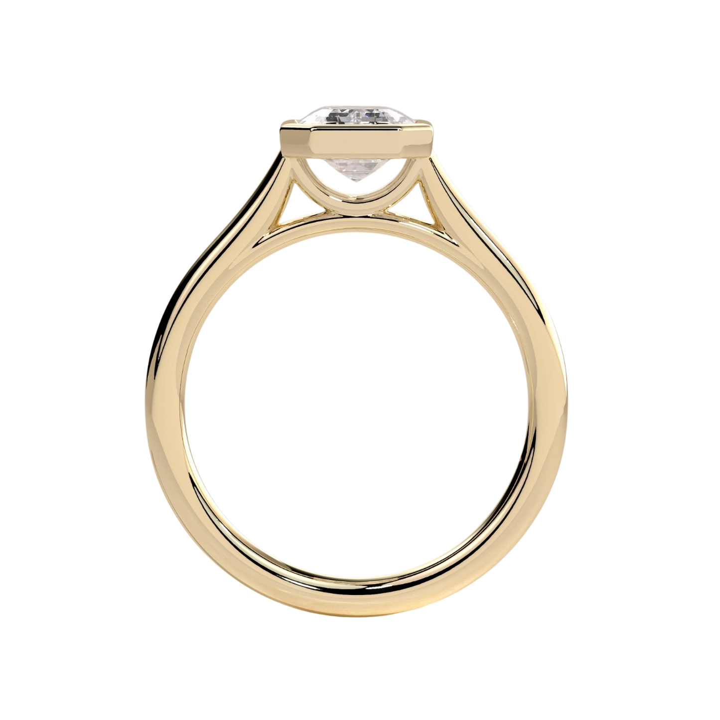 Luxury emerald bezel solitaire engagement ring featuring a brilliant emerald-cut center stone in a sleek bezel setting with an elegant cathedral high profile. Modern timeless design crafted for sophistication, durability, and everyday elegance, available in white gold, yellow gold, rose gold, platinum, lab-grown diamond, or moissanite options.