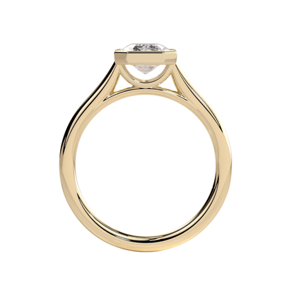 Luxury emerald bezel solitaire engagement ring featuring a brilliant emerald-cut center stone in a sleek bezel setting with an elegant cathedral high profile. Modern timeless design crafted for sophistication, durability, and everyday elegance, available in white gold, yellow gold, rose gold, platinum, lab-grown diamond, or moissanite options.
