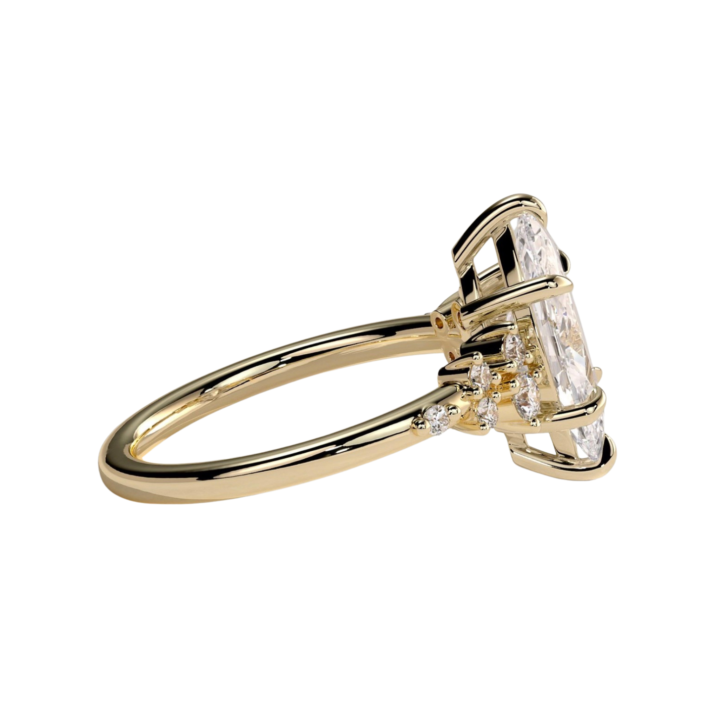 Luxury custom marquise claw solitaire engagement ring featuring a brilliant marquise-cut center stone secured in refined claws, accented by sparkling clustered round-cut diamonds on the shoulders of the band. Elegant timeless asymmetrical design crafted for exceptional brilliance, unique sophistication, and durability, available in custom carat weights and white gold, yellow gold, rose gold, platinum, lab-grown diamond, or moissanite options.