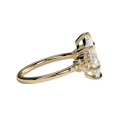 Luxury custom marquise claw solitaire engagement ring featuring a brilliant marquise-cut center stone secured in refined claws, accented by sparkling clustered round-cut diamonds on the shoulders of the band. Elegant timeless asymmetrical design crafted for exceptional brilliance, unique sophistication, and durability, available in custom carat weights and white gold, yellow gold, rose gold, platinum, lab-grown diamond, or moissanite options.