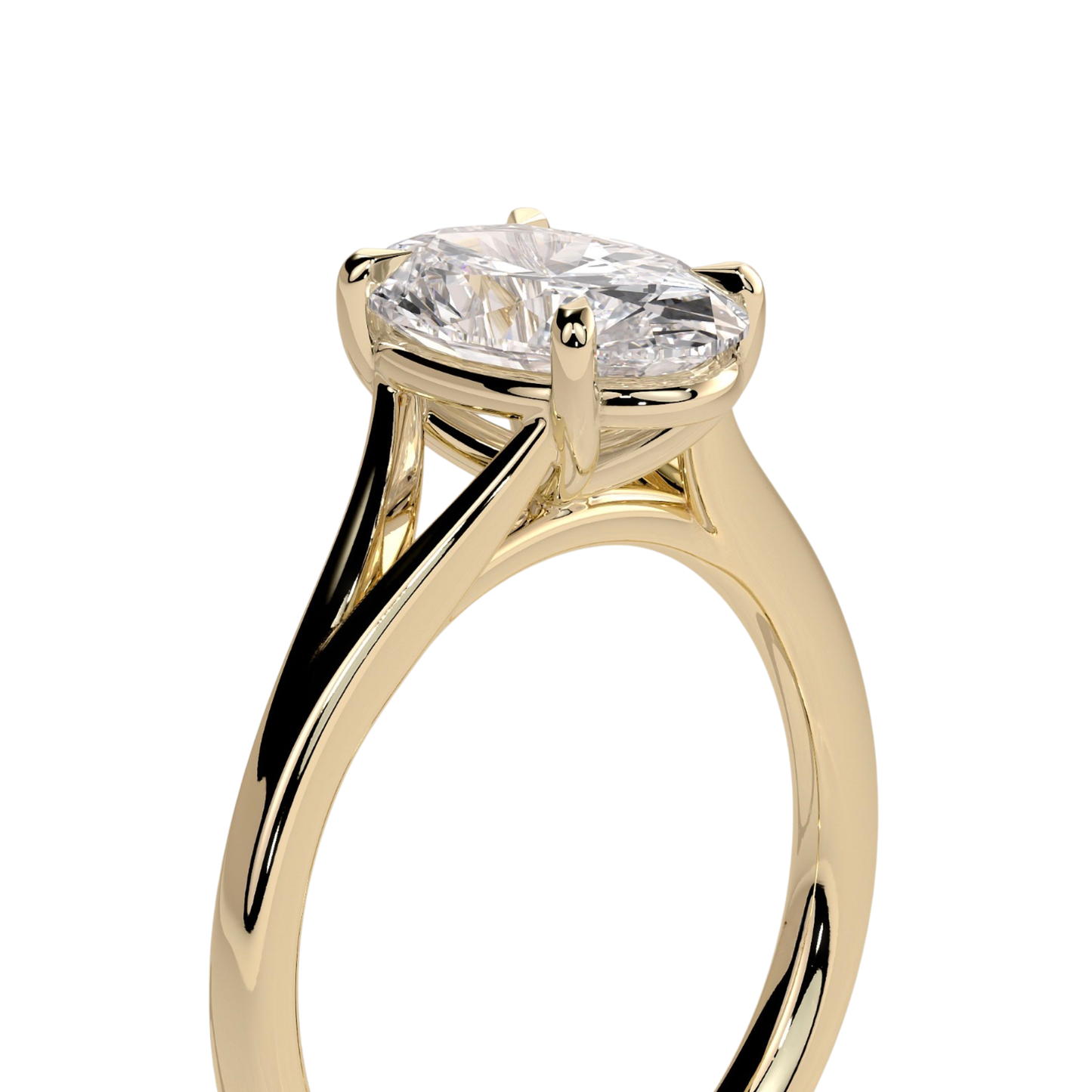 Luxury custom oval claw solitaire engagement ring featuring a brilliant oval-cut center stone secured in refined claws on an elegant open split shank band with a high cathedral profile setting. Sophisticated architectural design crafted for maximum brilliance, structural durability, and timeless luxury, available in custom carat weights and white gold, yellow gold, rose gold, platinum, lab-grown diamond, or moissanite options.