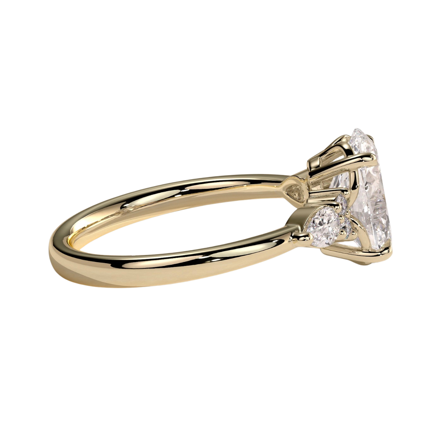 Luxury oval claw solitaire engagement ring featuring a brilliant oval-cut center stone with elegant pear-shaped accent diamonds and sparkling round shoulder stones. Crafted with timeless detail and refined brilliance, available in white gold, yellow gold, rose gold, platinum, lab-grown diamond, or moissanite options.