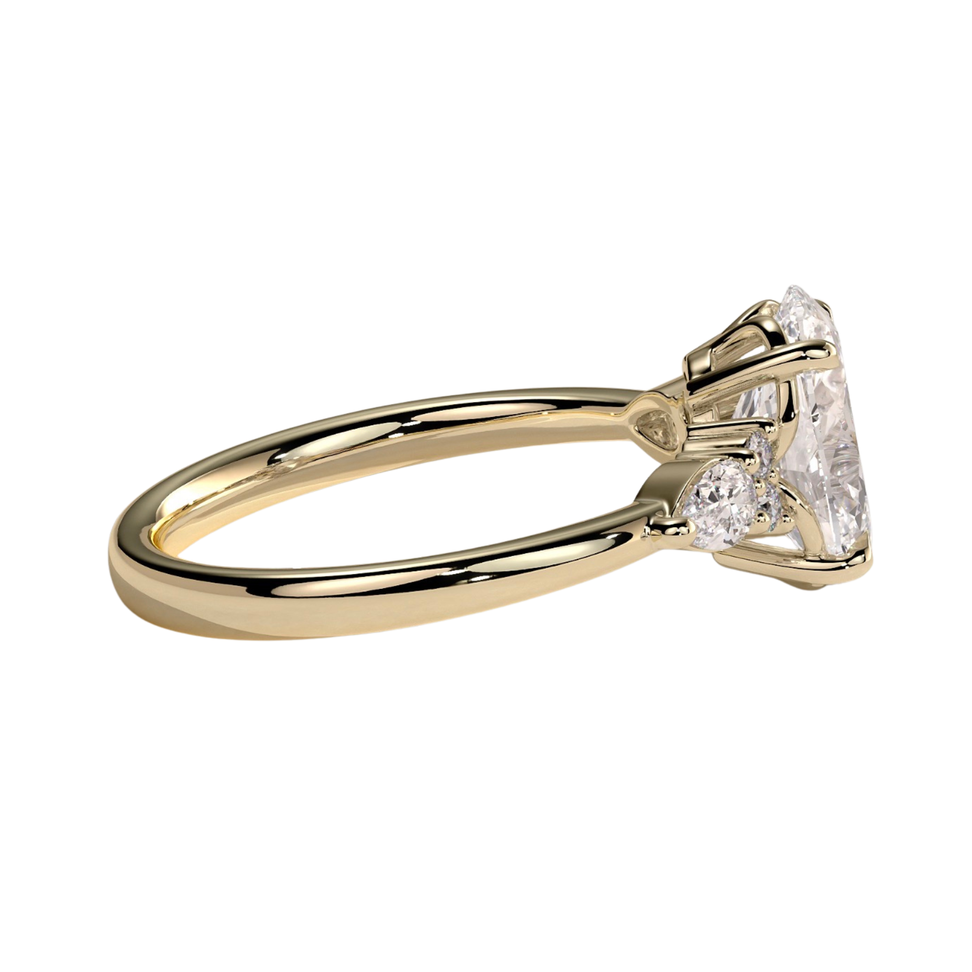 Luxury oval claw solitaire engagement ring featuring a brilliant oval-cut center stone with elegant pear-shaped accent diamonds and sparkling round shoulder stones. Crafted with timeless detail and refined brilliance, available in white gold, yellow gold, rose gold, platinum, lab-grown diamond, or moissanite options.