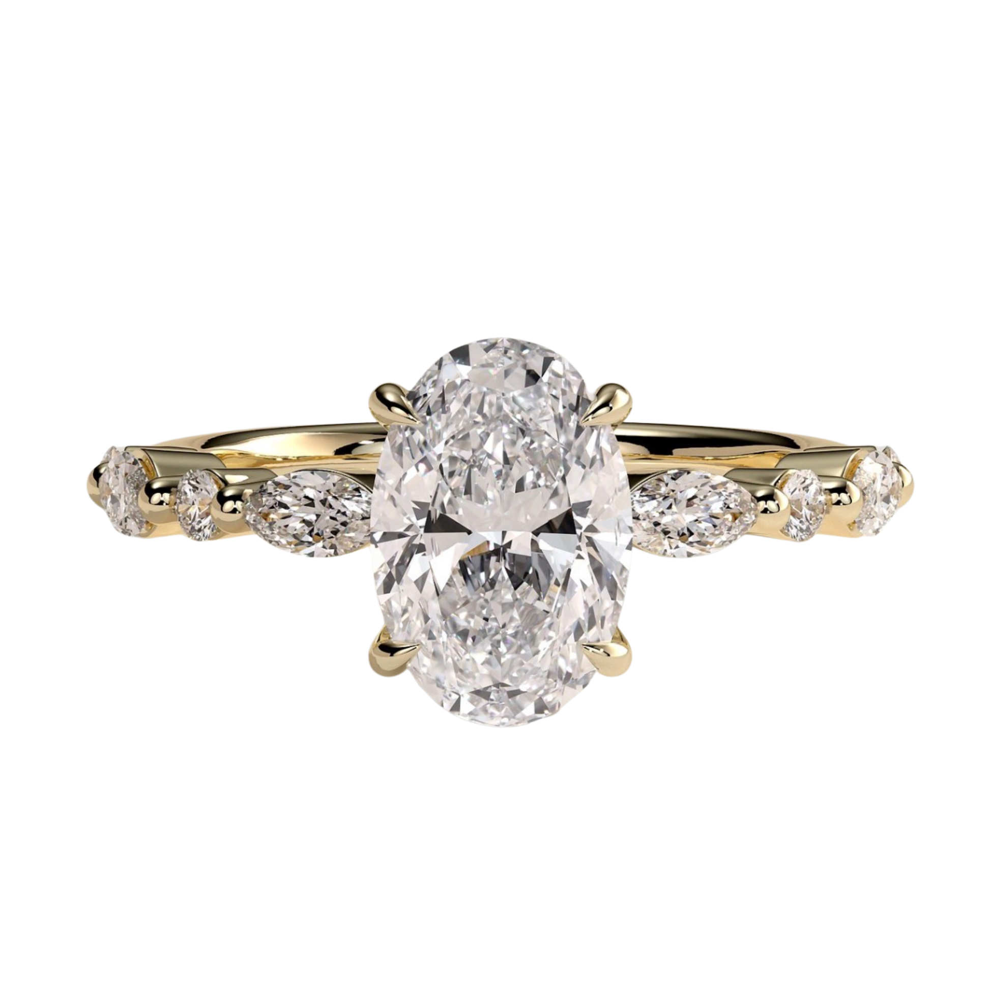 Luxury oval claw solitaire engagement ring featuring a brilliant oval-cut center stone accented with marquise and round side diamonds for added sparkle and elegance. Timeless handcrafted design available in white gold, yellow gold, rose gold, platinum, lab-grown diamond, or moissanite options.
