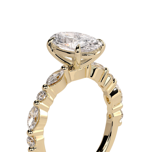 Luxury oval claw solitaire engagement ring featuring a brilliant oval-cut center stone accented with marquise and round side diamonds for added sparkle and elegance. Timeless handcrafted design available in white gold, yellow gold, rose gold, platinum, lab-grown diamond, or moissanite options.