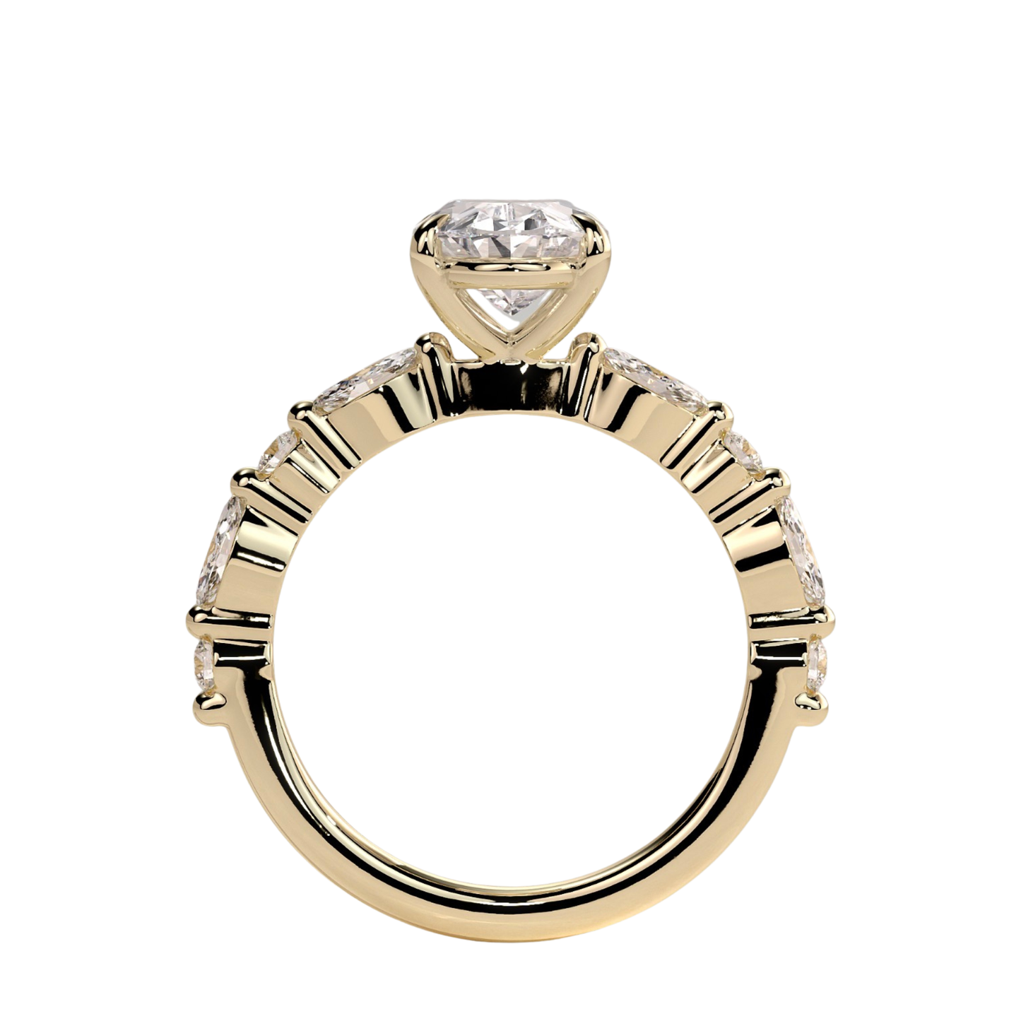 Luxury oval claw solitaire engagement ring featuring a brilliant oval-cut center stone accented with marquise and round side diamonds for added sparkle and elegance. Timeless handcrafted design available in white gold, yellow gold, rose gold, platinum, lab-grown diamond, or moissanite options.
