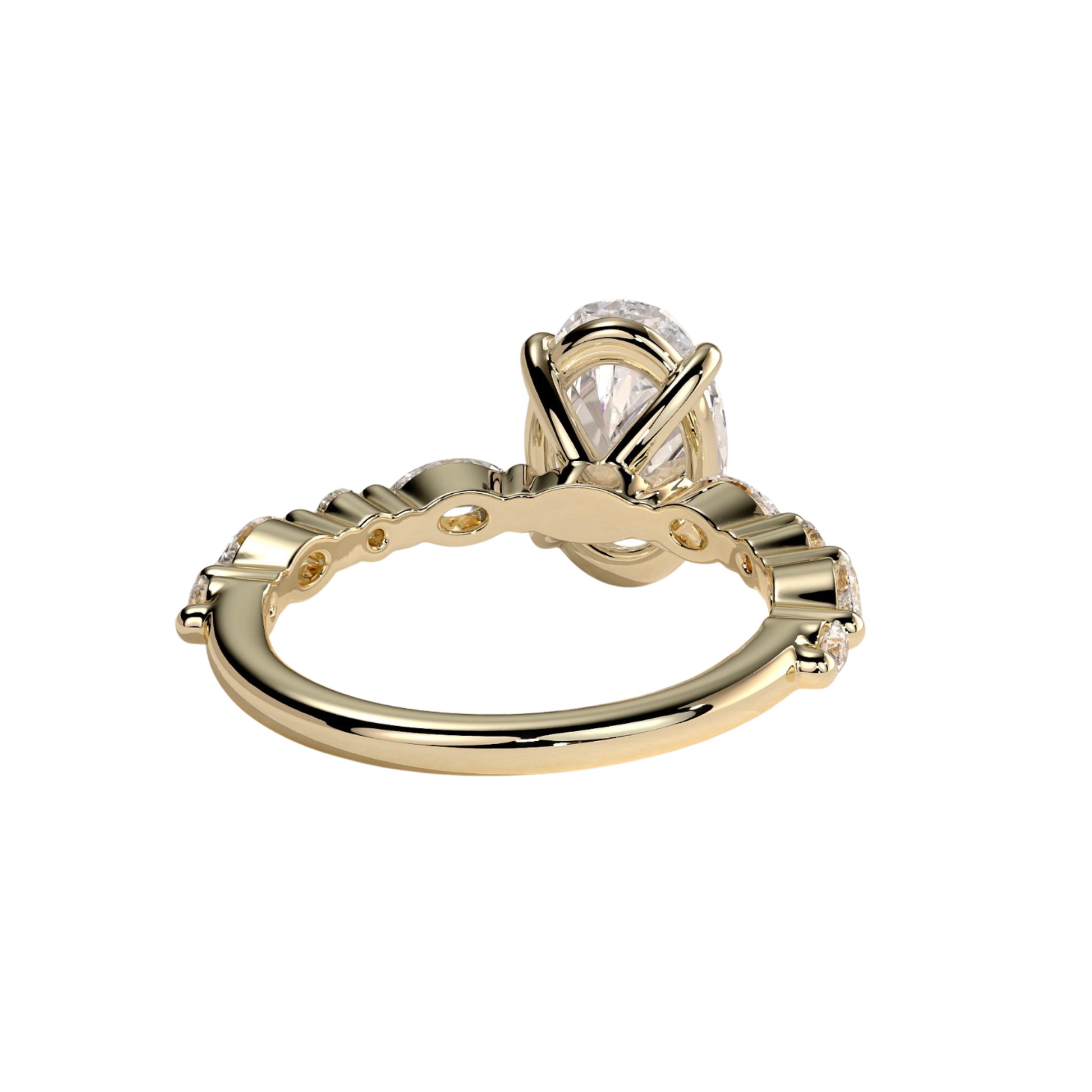 Luxury oval claw solitaire engagement ring featuring a brilliant oval-cut center stone accented with marquise and round side diamonds for added sparkle and elegance. Timeless handcrafted design available in white gold, yellow gold, rose gold, platinum, lab-grown diamond, or moissanite options.