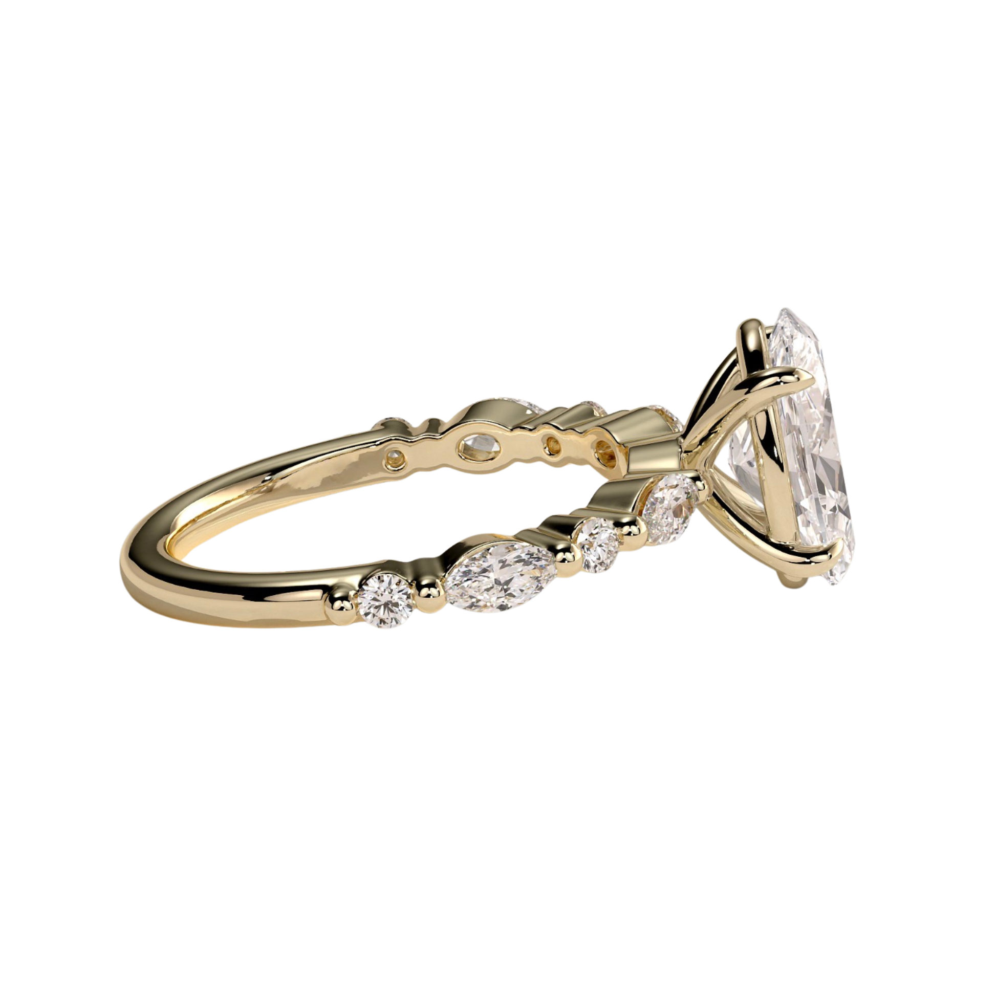 Luxury oval claw solitaire engagement ring featuring a brilliant oval-cut center stone accented with marquise and round side diamonds for added sparkle and elegance. Timeless handcrafted design available in white gold, yellow gold, rose gold, platinum, lab-grown diamond, or moissanite options. WORLDWIDE SHIPPING . USA , UK