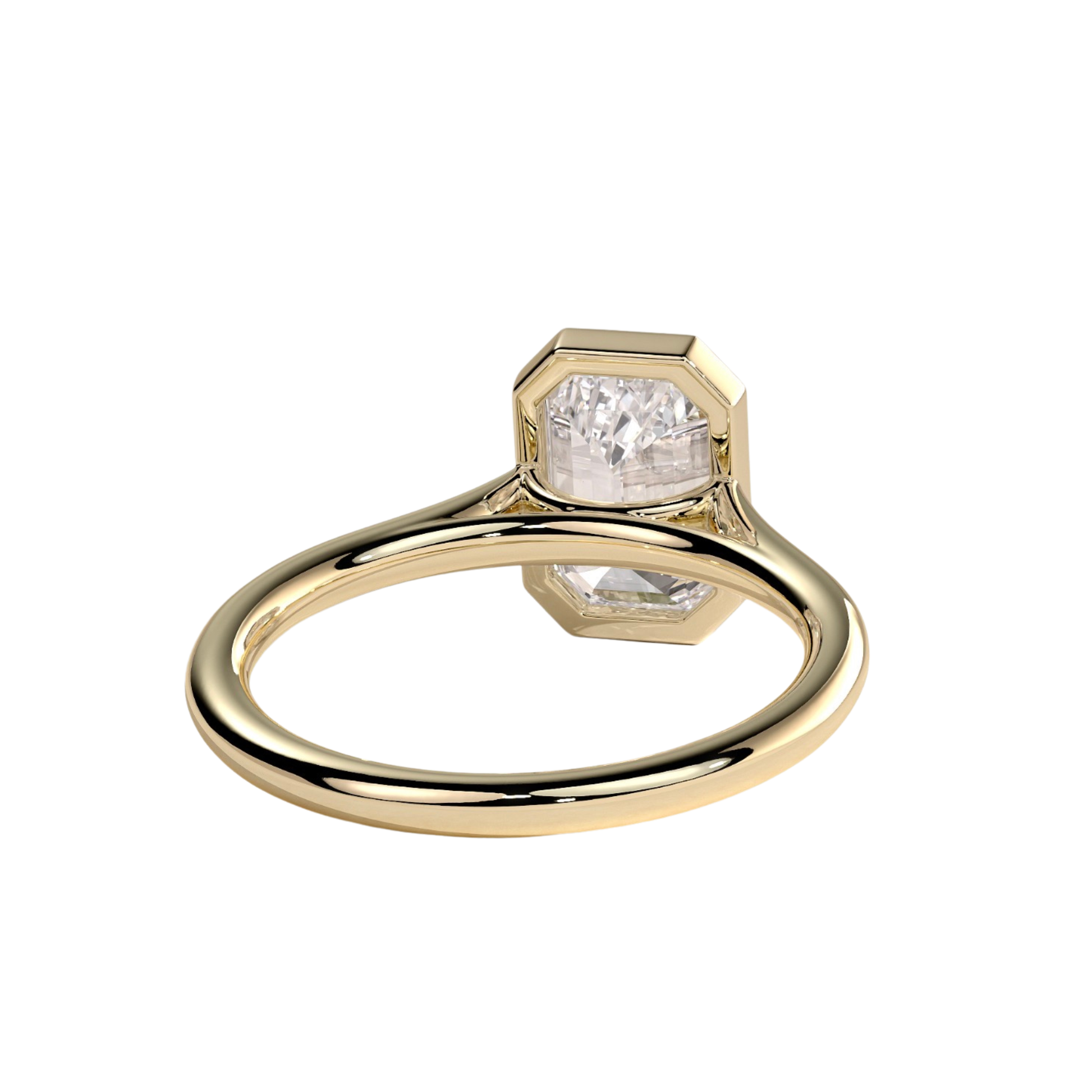 Luxury emerald bezel solitaire engagement ring featuring a brilliant emerald-cut center stone in a sleek bezel setting with an elegant cathedral high profile. Modern timeless design crafted for sophistication, durability, and everyday elegance, available in white gold, yellow gold, rose gold, platinum, lab-grown diamond, or moissanite options.