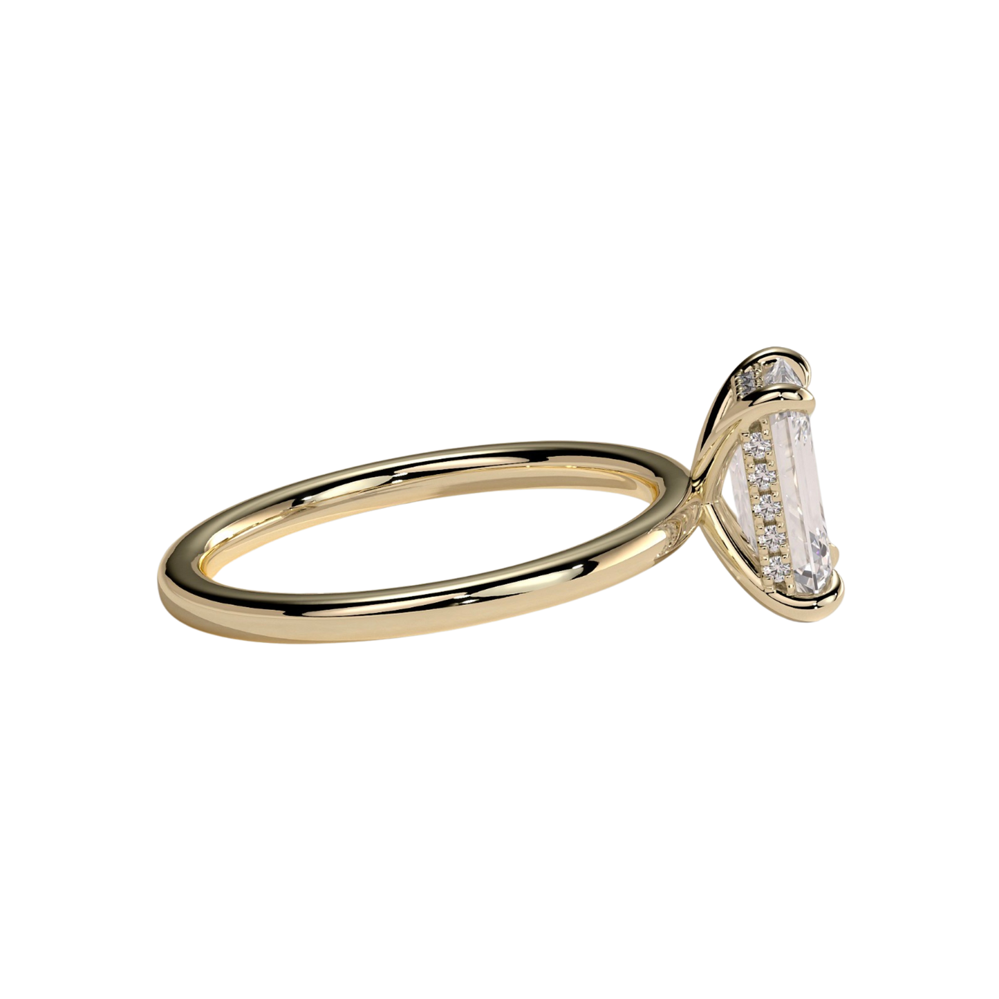 Luxury emerald claw solitaire engagement ring featuring a brilliant emerald-cut center stone secured in a refined claw setting with a sparkling hidden halo beneath the center stone. Elegant timeless design crafted for exceptional brilliance and sophistication, available in white gold, yellow gold, rose gold, platinum, lab-grown diamond, or moissanite options.