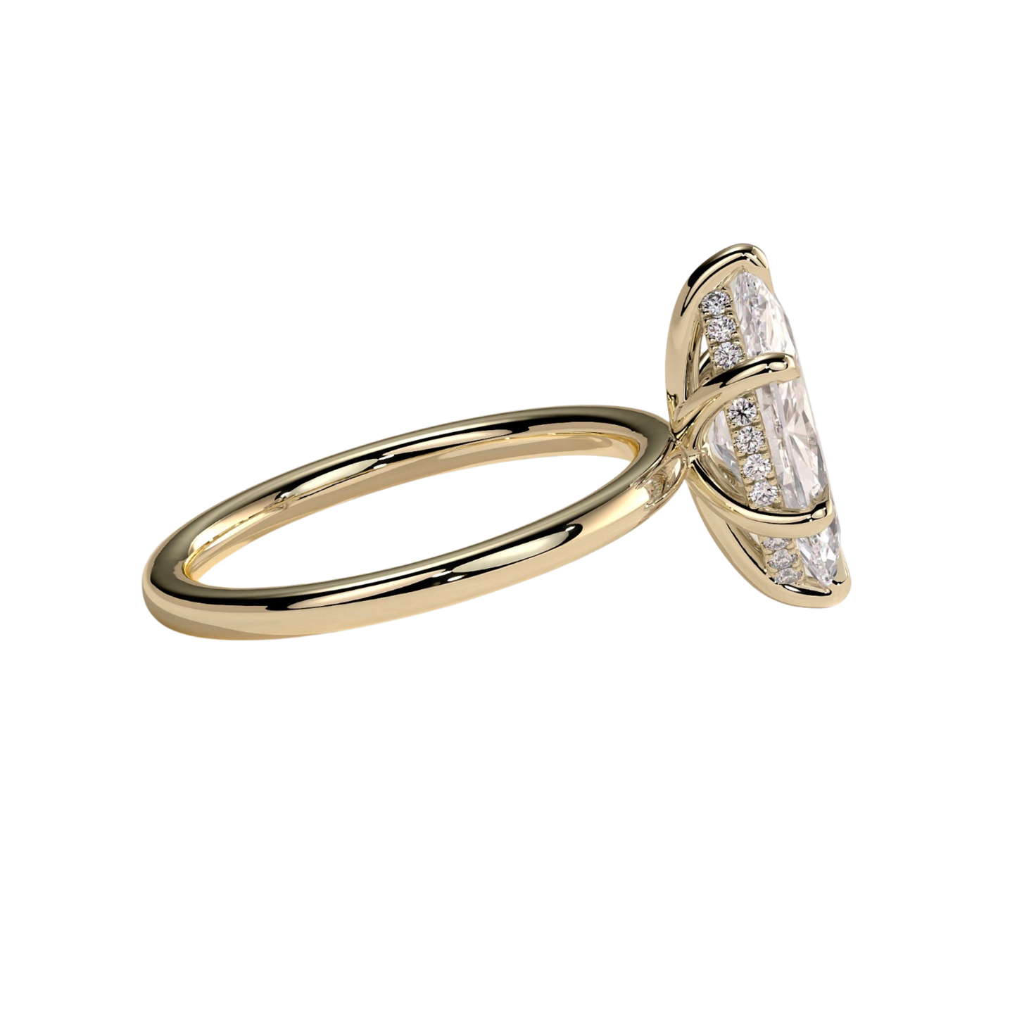 Luxury custom marquise claw solitaire engagement ring featuring a brilliant marquise-cut center stone secured in refined claws with a sparkling hidden halo beneath the center stone. Elegant timeless minimalist design crafted for exceptional brilliance, sophistication, and durability, available in custom carat weights and white gold, yellow gold, rose gold, platinum, lab-grown diamond, or moissanite options.