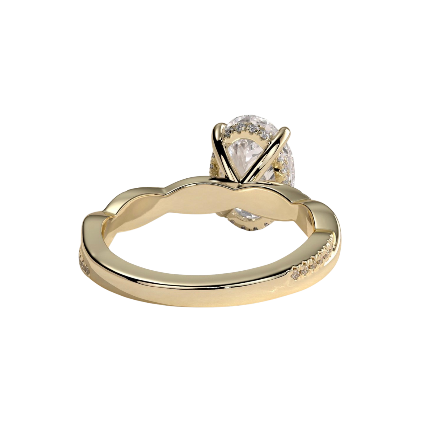 Luxury oval claw solitaire engagement ring featuring a brilliant oval-cut center stone with a sparkling hidden halo and twisted alternating pavé diamond band. Elegant modern design crafted for exceptional brilliance and timeless sophistication, available in white gold, yellow gold, rose gold, platinum, lab-grown diamond, or moissanite options.