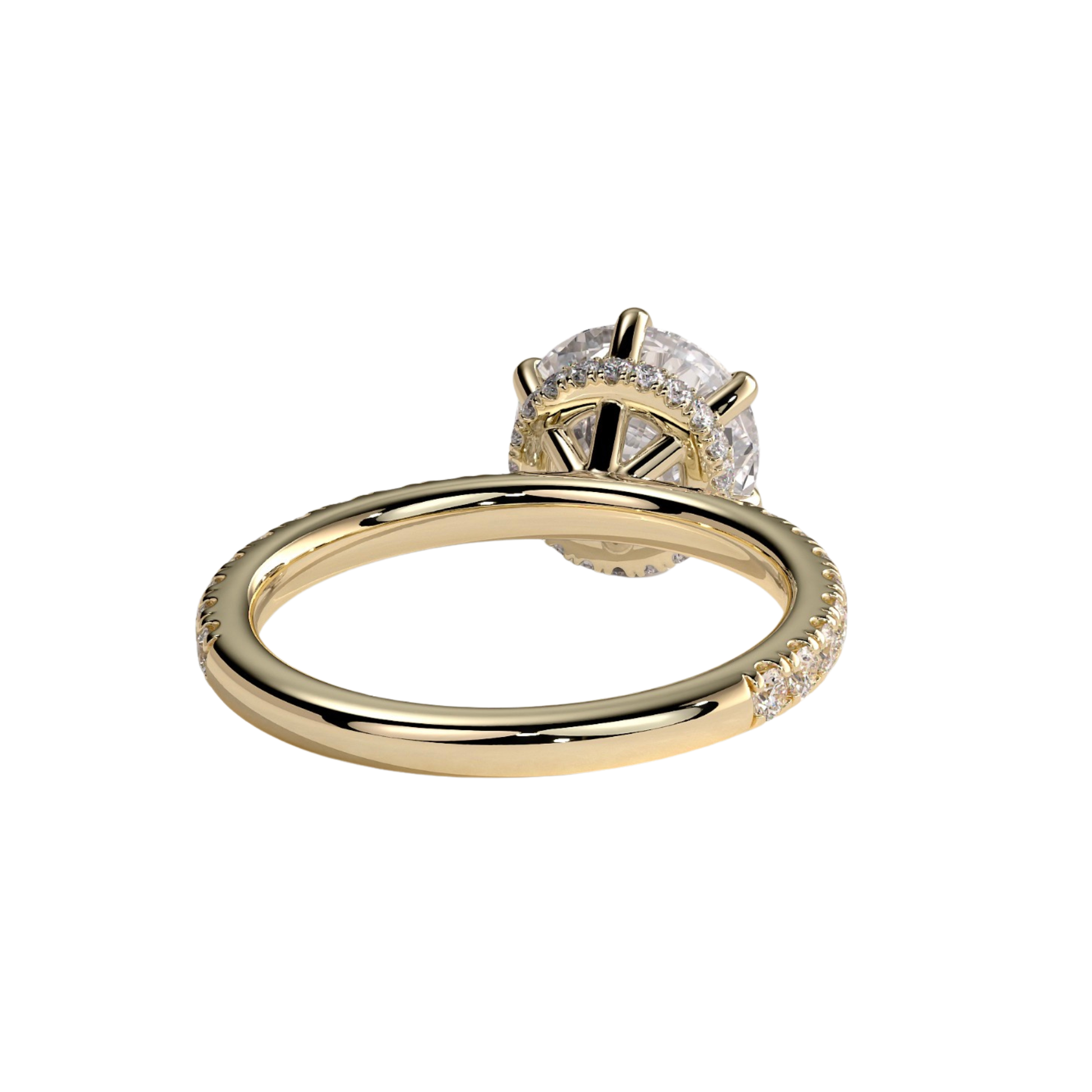 Luxury round claw solitaire engagement ring featuring a brilliant round-cut center stone secured in a refined claw setting with a sparkling wrap around hidden halo and pavé diamond band. Elegant timeless design crafted for exceptional brilliance and sophistication, available in white gold, yellow gold, rose gold, platinum, lab-grown diamond, or moissanite options.
