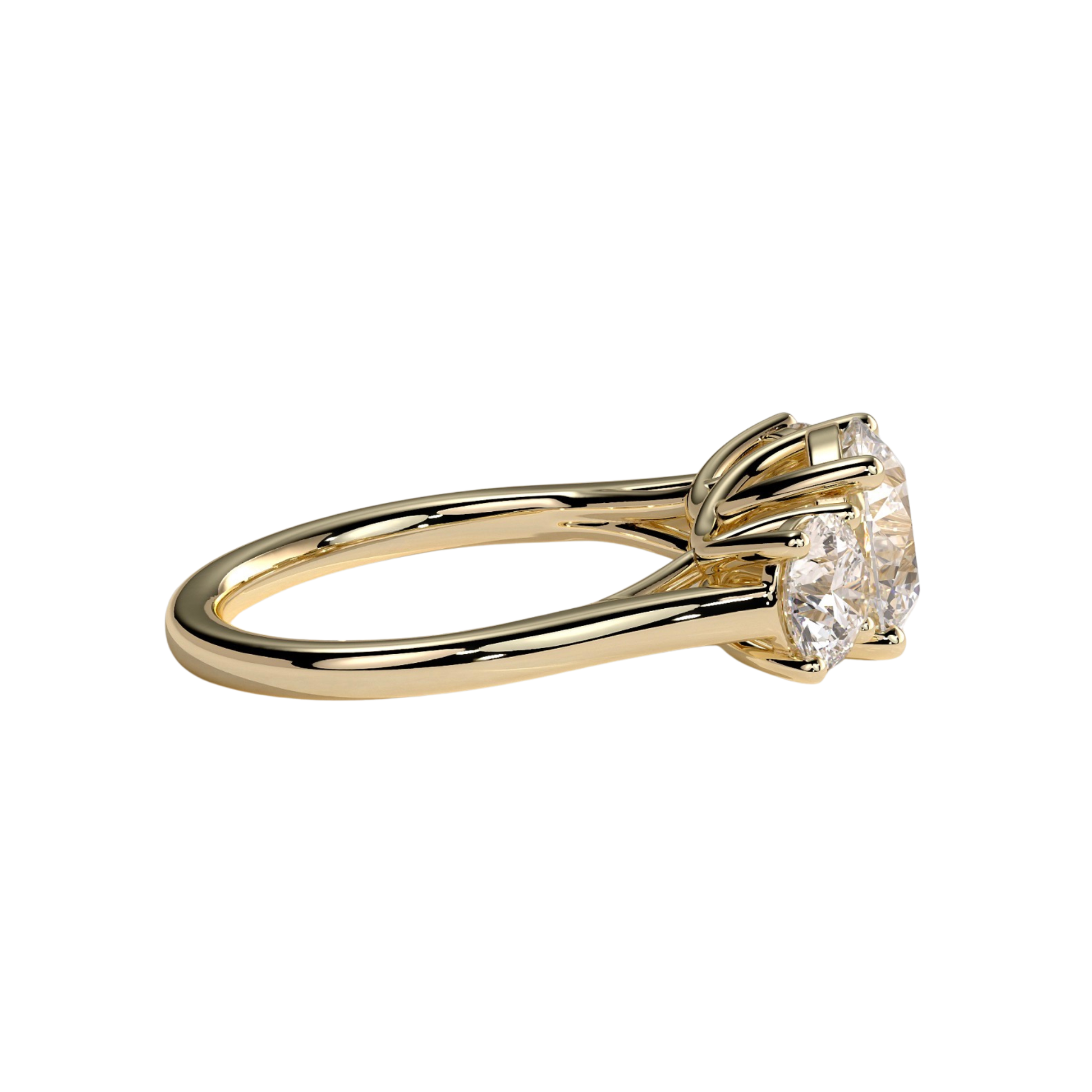 Luxury custom round claw trilogy engagement ring featuring a brilliant round-cut center stone flanked by matching round-shaped side stones and an elegant woven trellis gallery setting. Classic timeless three-stone design crafted for exceptional brilliance, structural sophistication, and durability, available in custom carat weights and white gold, yellow gold, rose gold, platinum, lab-grown diamond, or moissanite options.