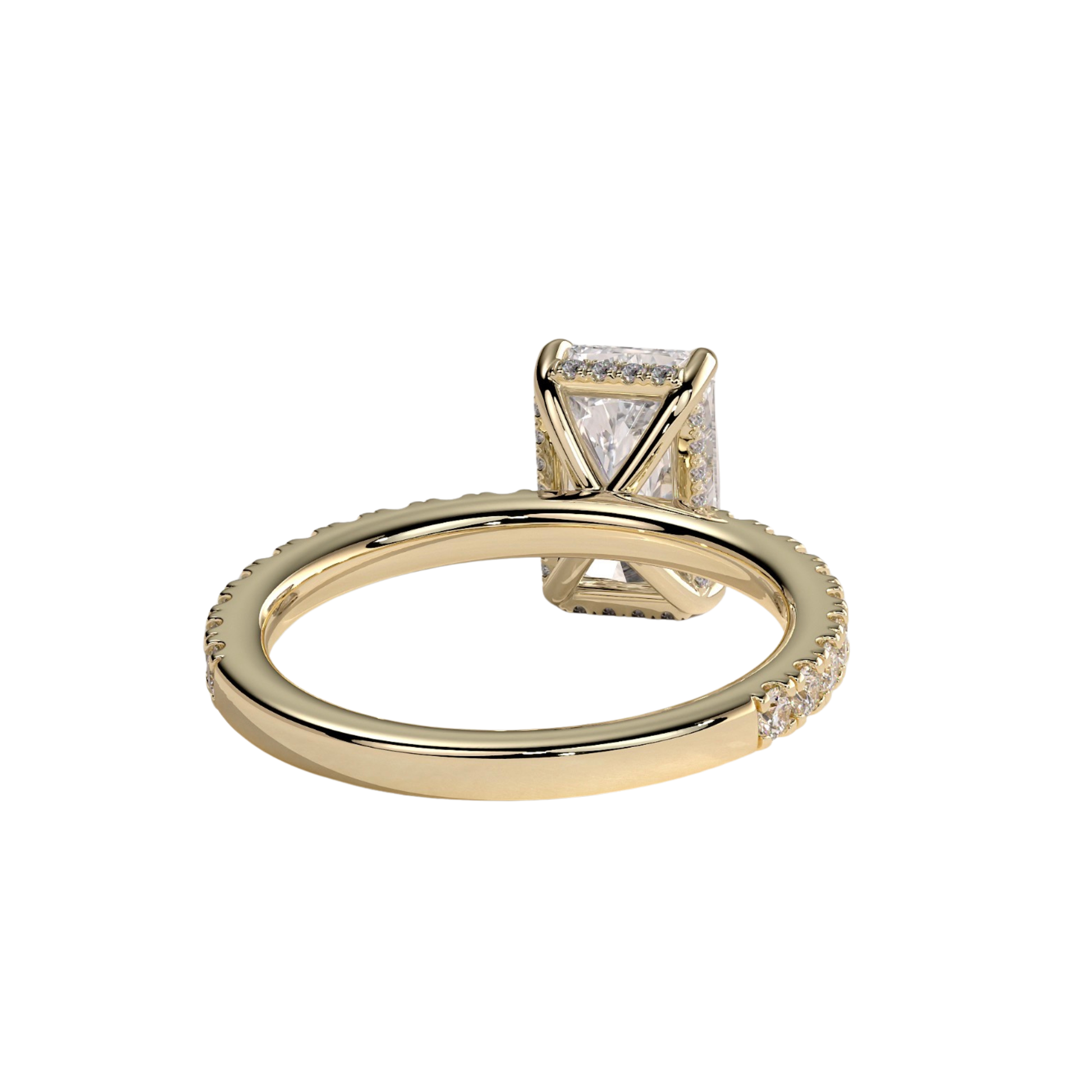Luxury radiant claw solitaire engagement ring featuring a brilliant radiant-cut center stone secured in a refined claw setting with a sparkling hidden halo and pavé diamond band. Elegant timeless design crafted for exceptional brilliance, sophistication, and lasting beauty, available in white gold, yellow gold, rose gold, platinum, lab-grown diamond, or moissanite options.