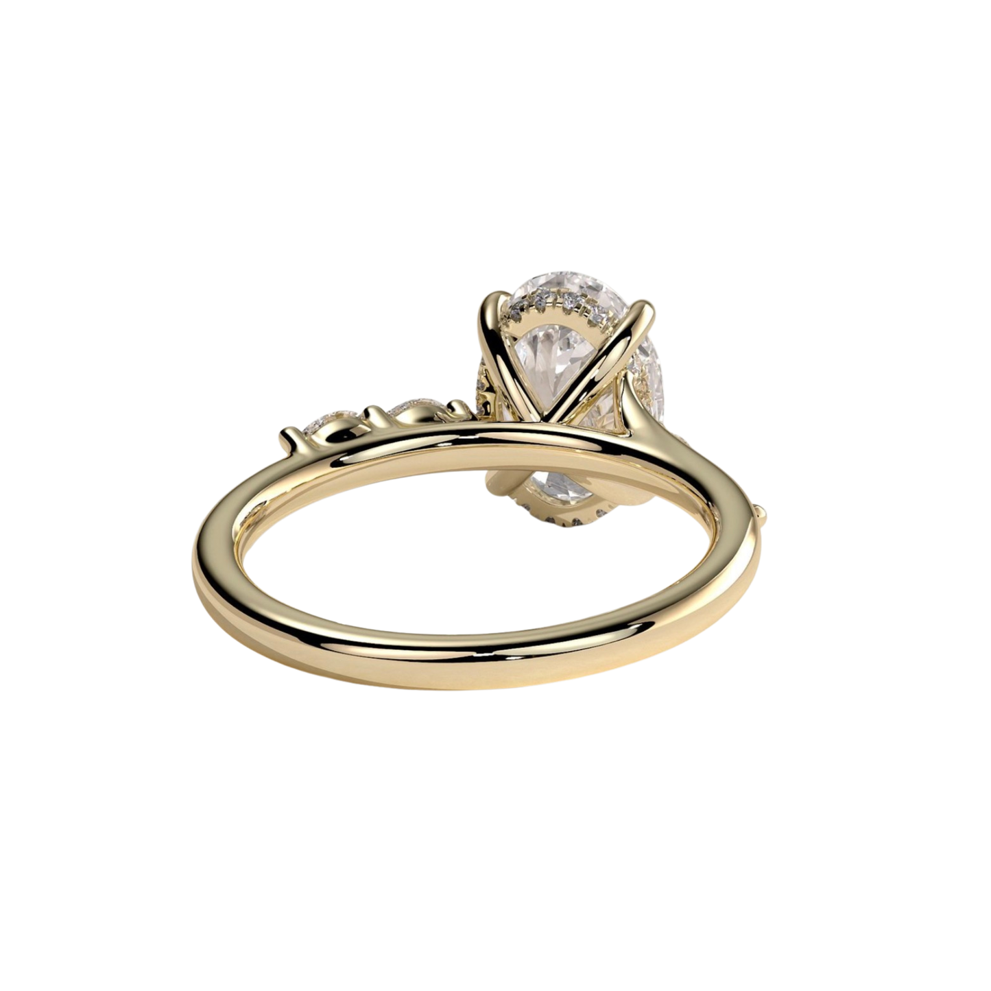 Luxury custom oval claw solitaire engagement ring featuring a brilliant oval-cut center stone with a sparkling hidden halo, flanked by elegant opposing marquise-cut side accents on an elevated high cathedral setting. Sophisticated timeless design crafted for maximum brilliance, structural durability, and elegance, available in custom carat weights and white gold, yellow gold, rose gold, platinum, lab-grown diamond, or moissanite options.