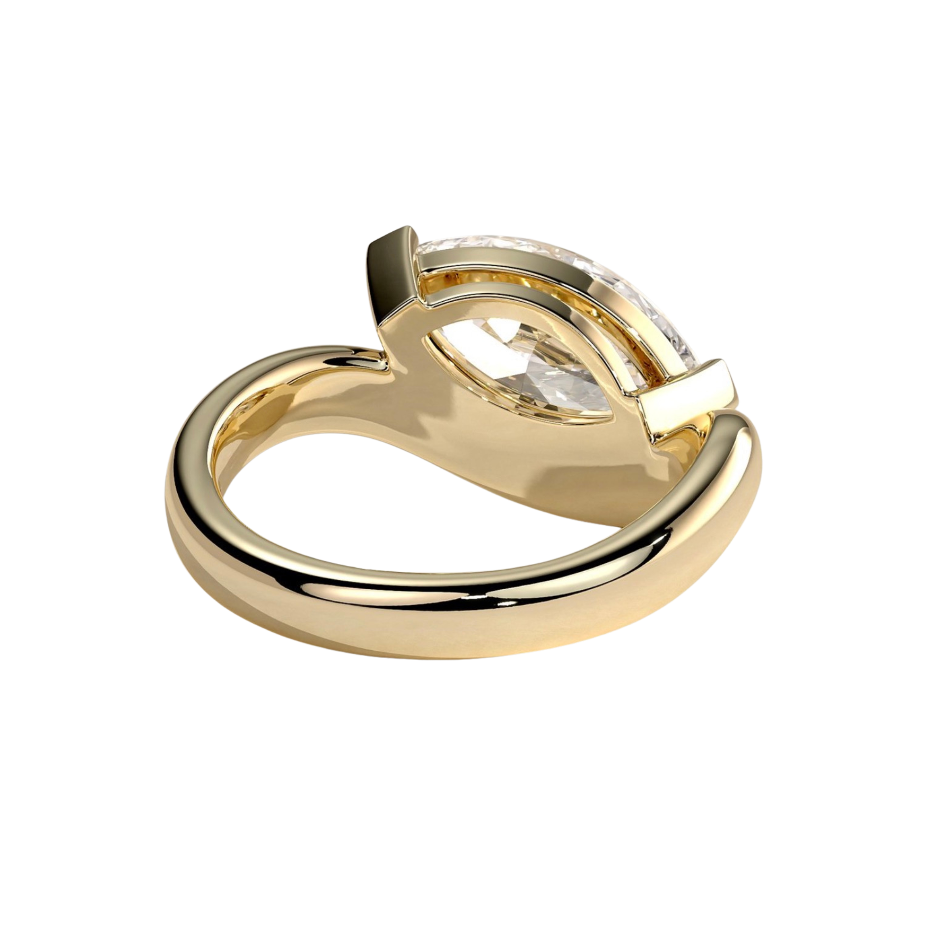 Luxury marquise east west claw solitaire engagement ring featuring a brilliant horizontally set marquise-cut center stone secured in a refined claw setting with an elegant wave band design. Contemporary sculpted silhouette crafted for timeless sophistication and everyday brilliance, available in white gold, yellow gold, rose gold, platinum, lab-grown diamond, or moissanite options.