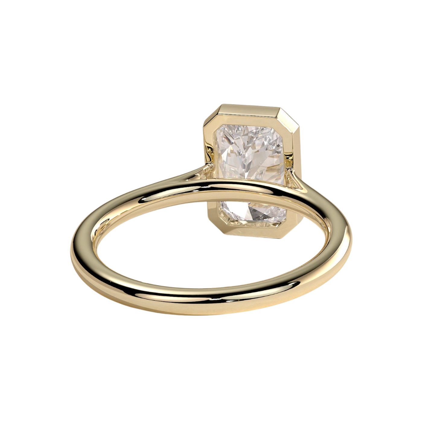 Luxury custom radiant bezel solitaire engagement ring featuring a brilliant radiant-cut center stone in a sleek bezel setting with an elegant open cathedral high profile. Modern timeless architectural design crafted for maximum brilliance, sophistication, and durability, available in custom carat weights and white gold, yellow gold, rose gold, platinum, lab-grown diamond, or moissanite options.
