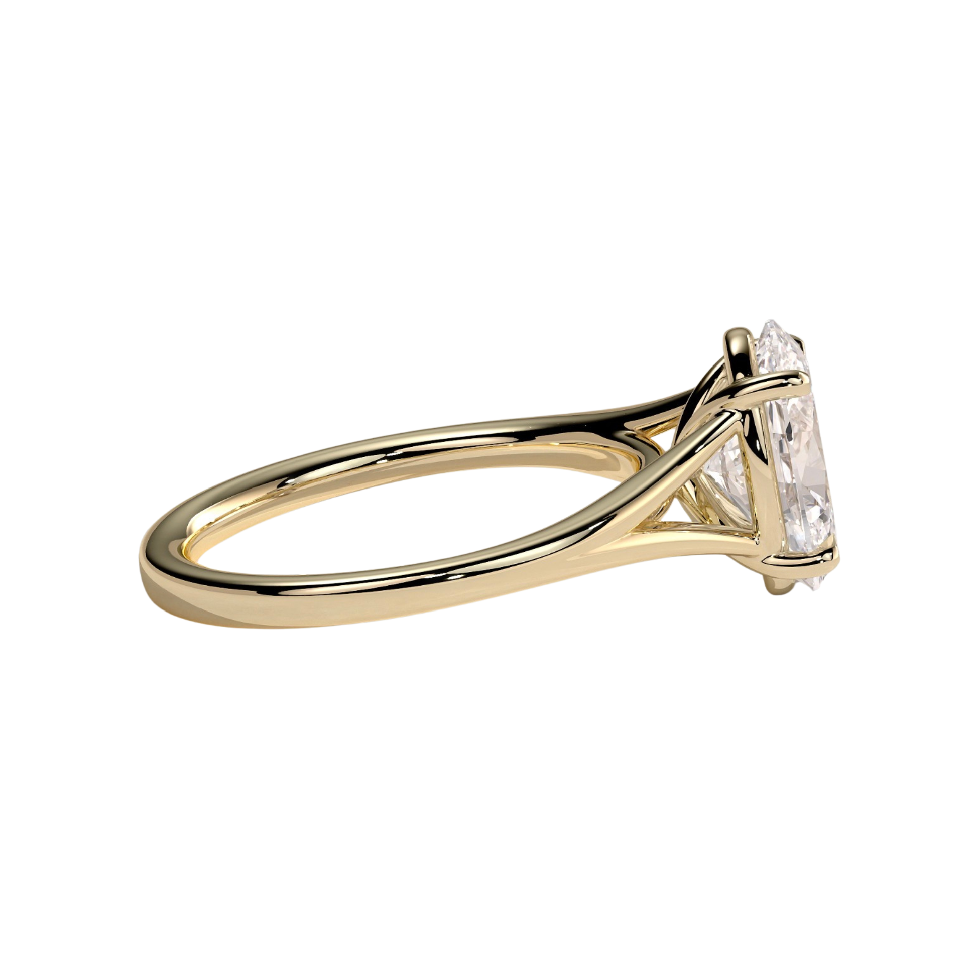 Luxury custom oval claw solitaire engagement ring featuring a brilliant oval-cut center stone secured in refined claws on an elegant open split shank band with a high cathedral profile setting. Sophisticated architectural design crafted for maximum brilliance, structural durability, and timeless luxury, available in custom carat weights and white gold, yellow gold, rose gold, platinum, lab-grown diamond, or moissanite options.