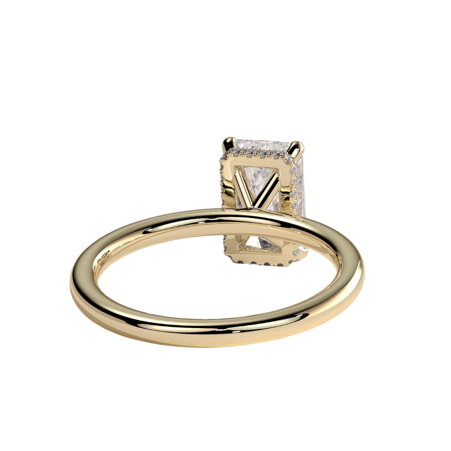Luxury radiant claw solitaire engagement ring featuring a brilliant radiant-cut center stone secured in a refined claw setting with a sparkling wrap around hidden halo beneath the center stone. Elegant modern design crafted for maximum brilliance and sophistication, available in white gold, yellow gold, rose gold, platinum, lab-grown diamond, or moissanite options.
