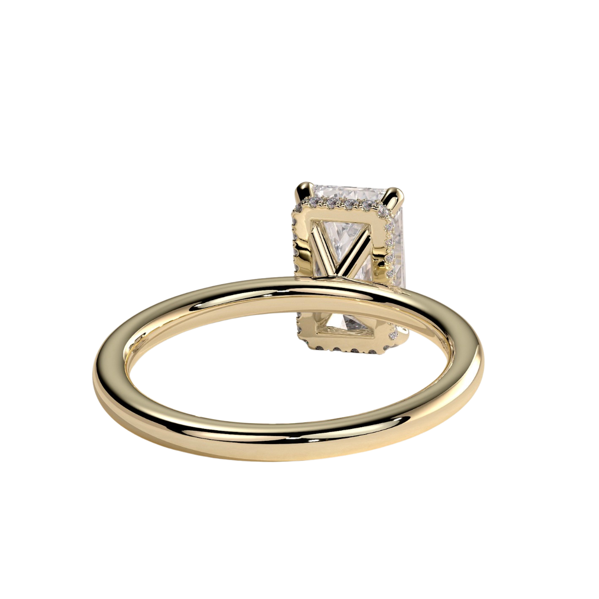 Luxury radiant claw solitaire engagement ring featuring a brilliant radiant-cut center stone secured in a refined claw setting with a sparkling wrap around hidden halo beneath the center stone. Elegant modern design crafted for maximum brilliance and sophistication, available in white gold, yellow gold, rose gold, platinum, lab-grown diamond, or moissanite options.