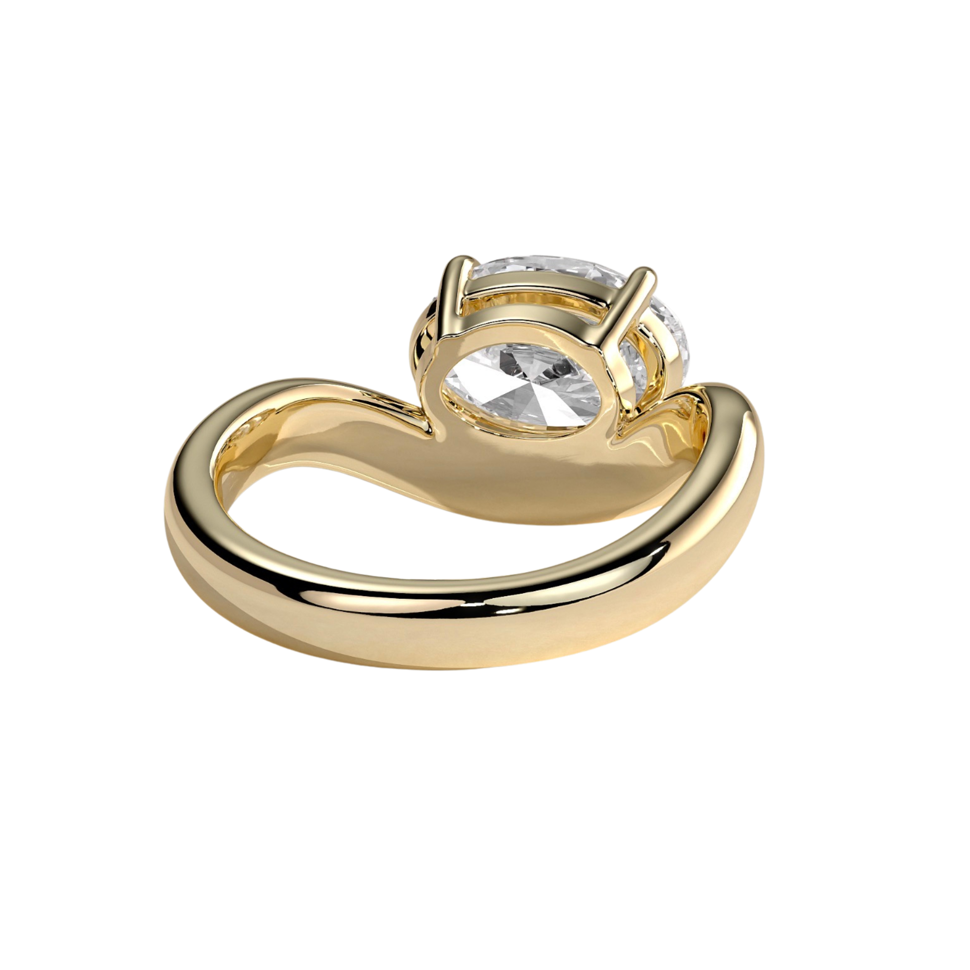 Luxury oval east west claw solitaire engagement ring featuring a brilliant horizontally set oval-cut center stone with an elegant wave band design. Modern sculpted silhouette crafted for timeless sophistication and everyday brilliance, available in white gold, yellow gold, rose gold, platinum, lab-grown diamond, or moissanite options.