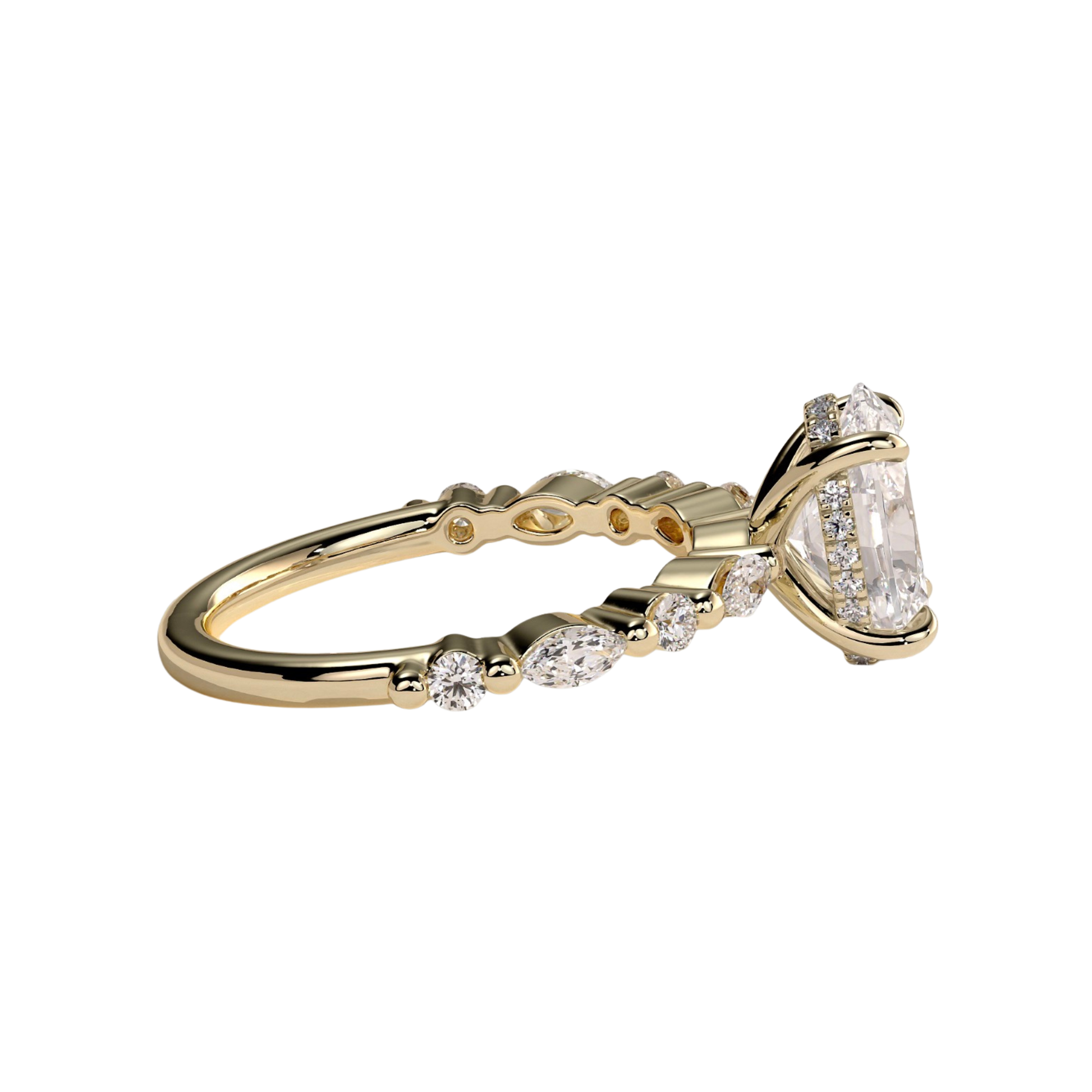 Luxury oval claw solitaire engagement ring featuring a brilliant oval-cut center stone accented with marquise and round side diamonds, finished with a sparkling hidden halo beneath the center stone. Elegant timeless design crafted for exceptional brilliance and sophistication, available in white gold, yellow gold, rose gold, platinum, lab-grown diamond, or moissanite options.