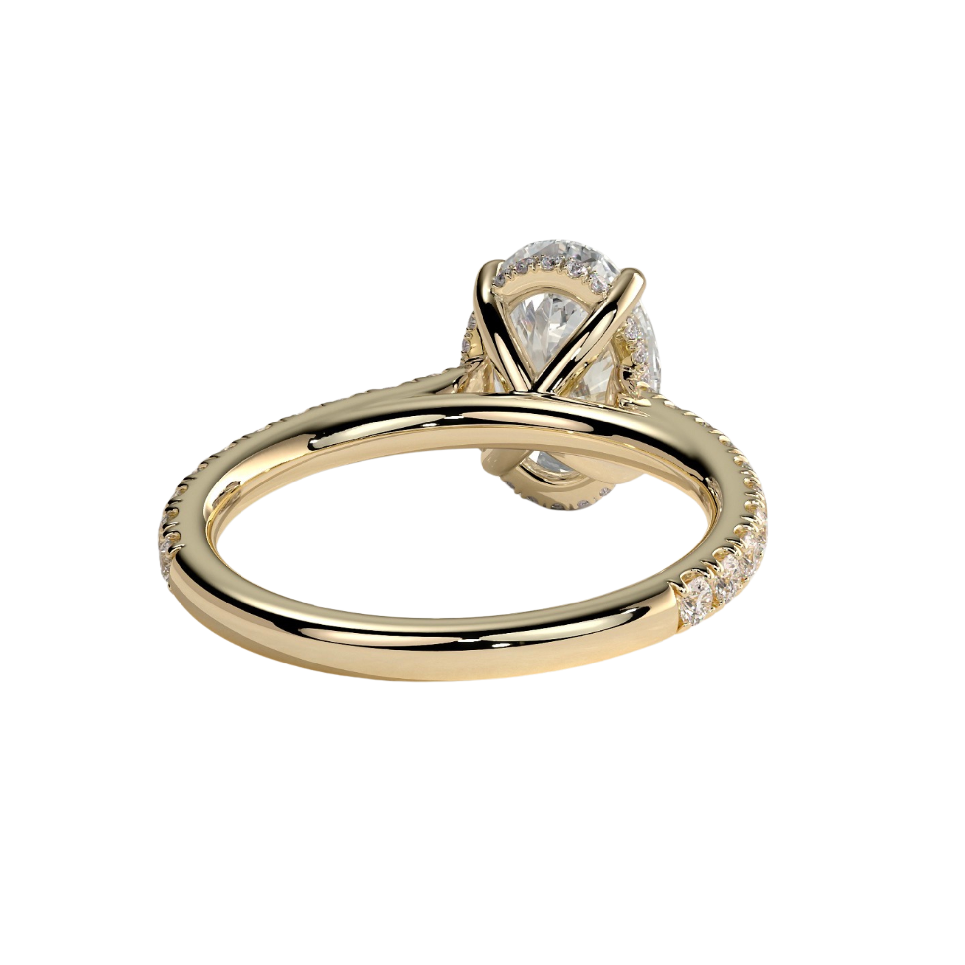 Luxury oval claw solitaire engagement ring featuring a brilliant oval-cut center stone with a sparkling hidden halo, pavé diamond band, and elegant cathedral high setting. Timeless elevated design crafted for exceptional brilliance and sophistication, available in white gold, yellow gold, rose gold, platinum, lab-grown diamond, or moissanite options.