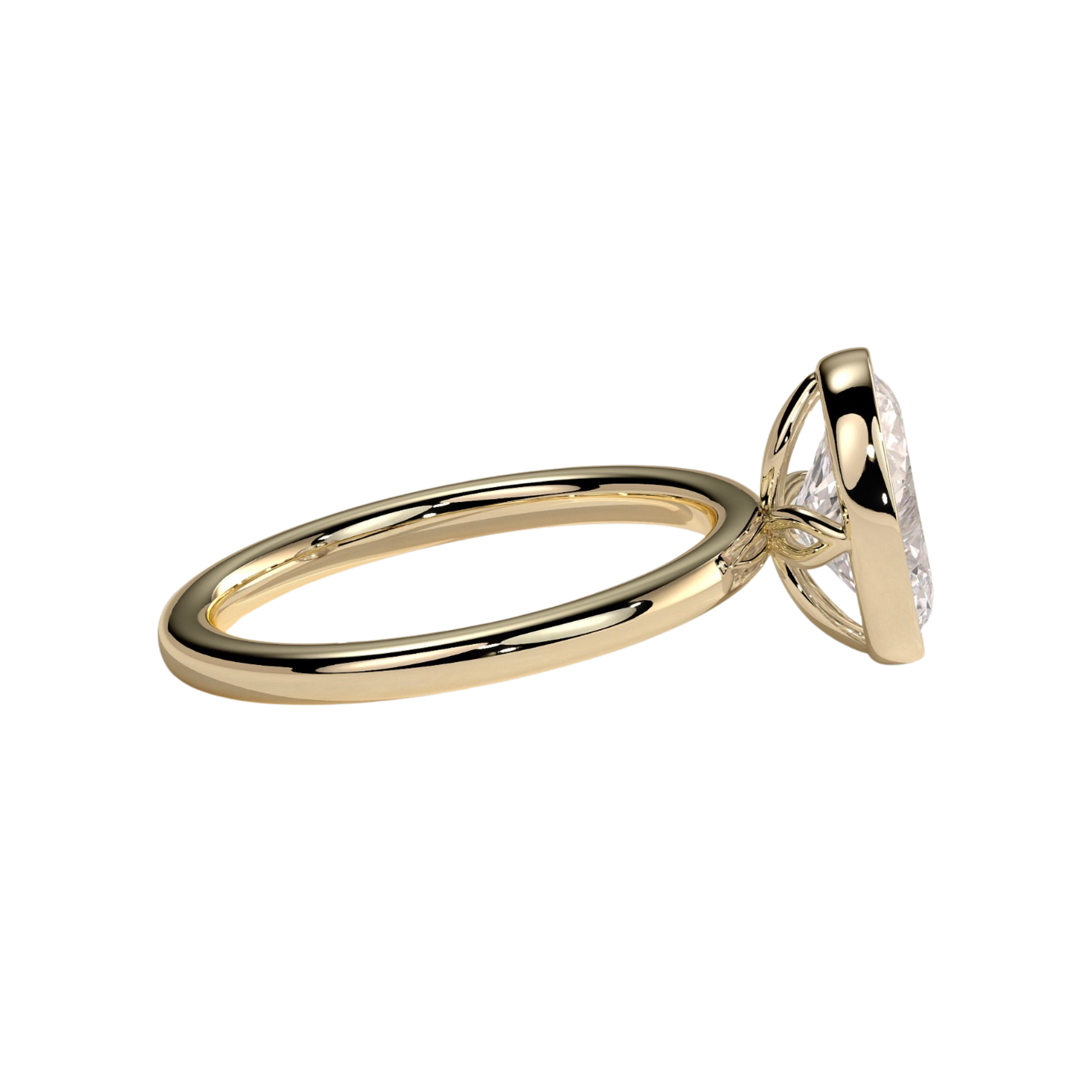 Luxury oval bezel solitaire engagement ring featuring a brilliant oval-cut center stone in a sleek bezel setting, complemented by an elegant petal gallery beneath the stone. Nature-inspired design with timeless sophistication and lasting durability, available in white gold, yellow gold, rose gold, platinum, lab-grown diamond, or moissanite options.