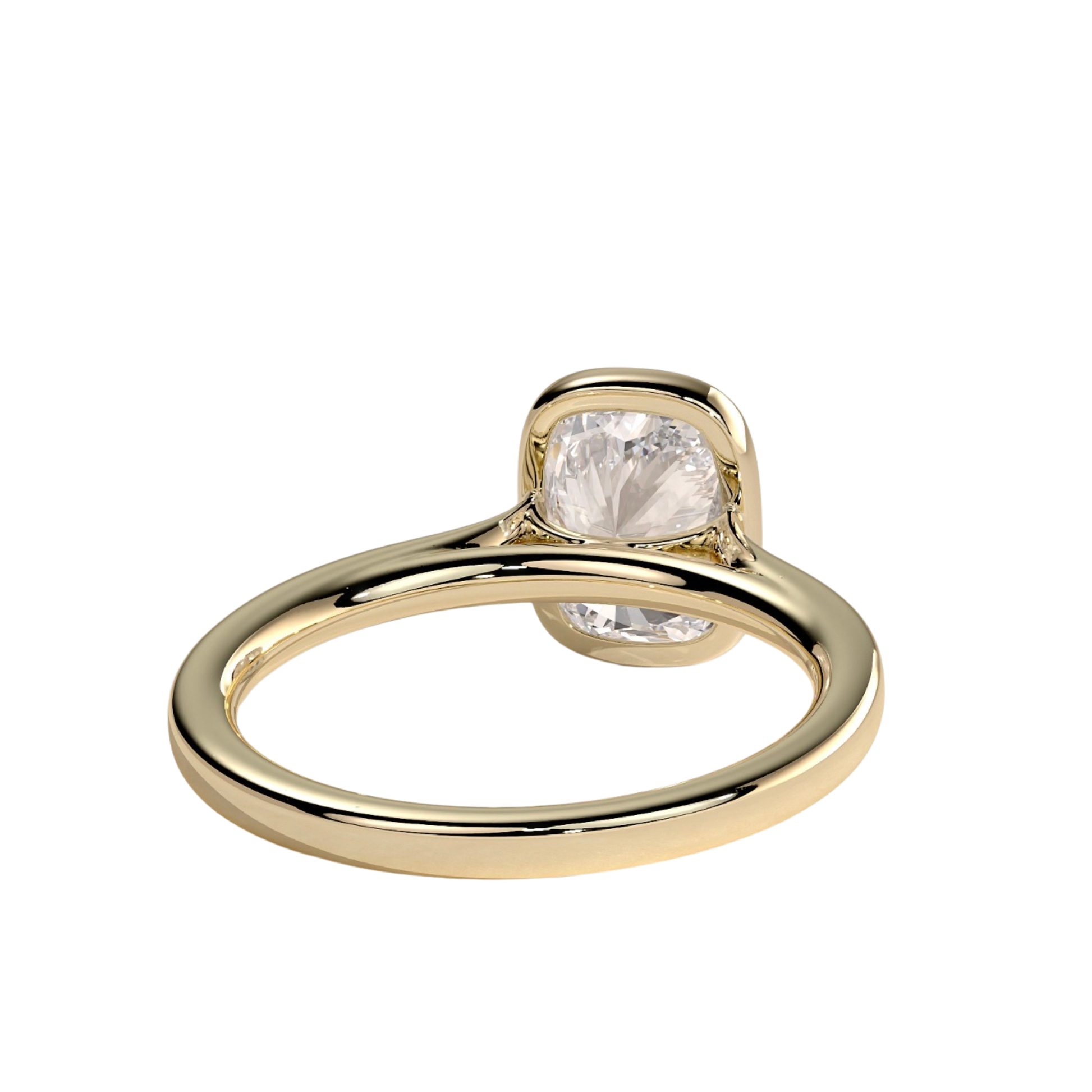 Luxury elongated cushion bezel solitaire engagement ring featuring a brilliant elongated cushion-cut center stone in a sleek bezel setting with an elegant cathedral high profile. Modern timeless design crafted for sophistication and durability, available in white gold, yellow gold, rose gold, platinum, lab-grown diamond, or moissanite options.