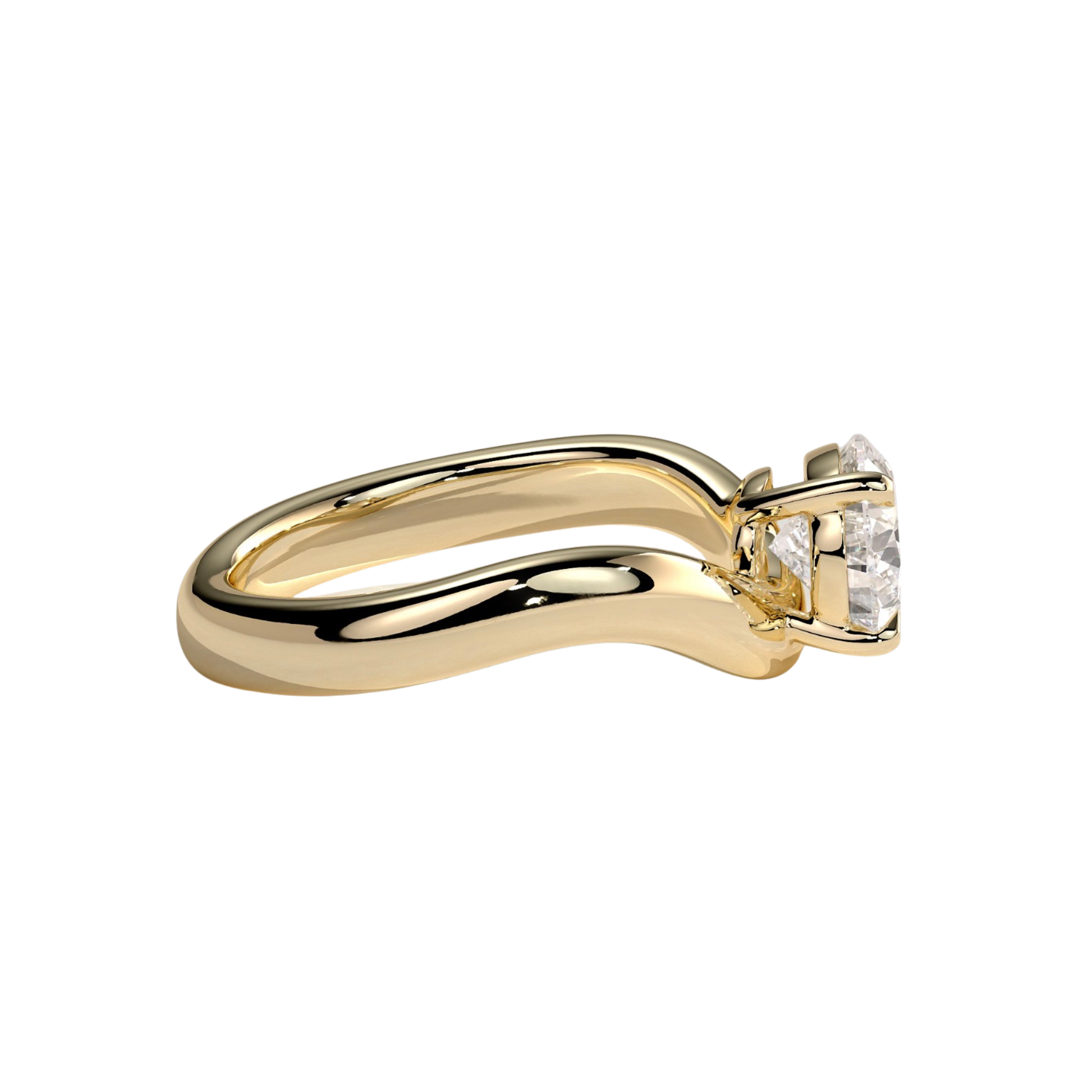 Luxury custom pear east-west claw solitaire engagement ring featuring a brilliant horizontally set pear-cut center stone secured in refined claws on a fluid, modern wave band. Contemporary timeless design crafted for exceptional brilliance, unique sophistication, and durability, available in custom carat weights and white gold, yellow gold, rose gold, platinum, lab-grown diamond, or moissanite options.