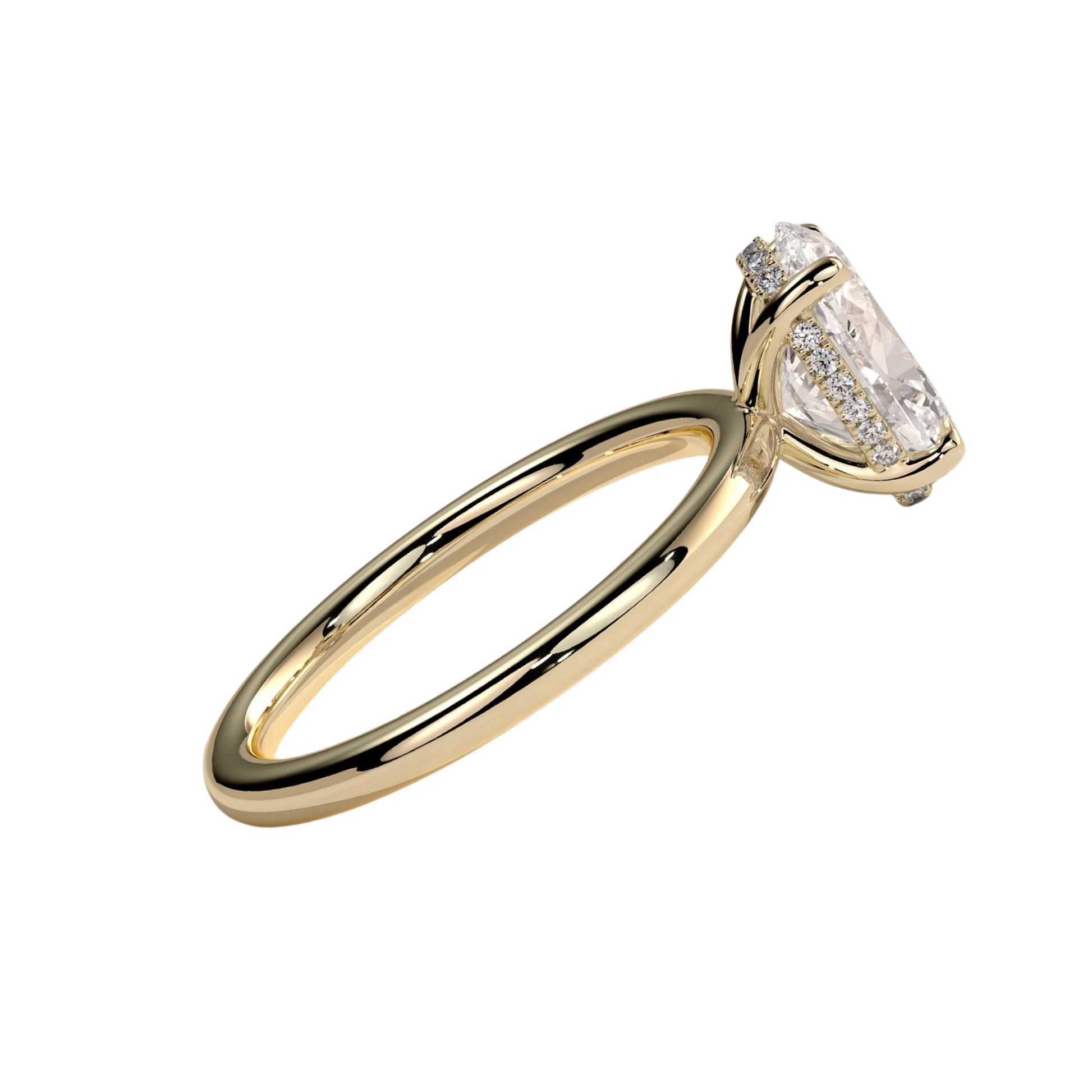 Luxury oval claw solitaire engagement ring featuring a brilliant oval-cut center stone with a sparkling hidden halo and elegant cathedral high setting. Crafted with timeless detail and elevated design, available in white gold, yellow gold, rose gold, platinum, lab-grown diamond, or moissanite options.