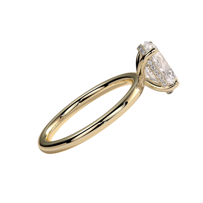 Luxury oval claw solitaire engagement ring featuring a brilliant oval-cut center stone with a sparkling hidden halo and elegant cathedral high setting. Crafted with timeless detail and elevated design, available in white gold, yellow gold, rose gold, platinum, lab-grown diamond, or moissanite options.