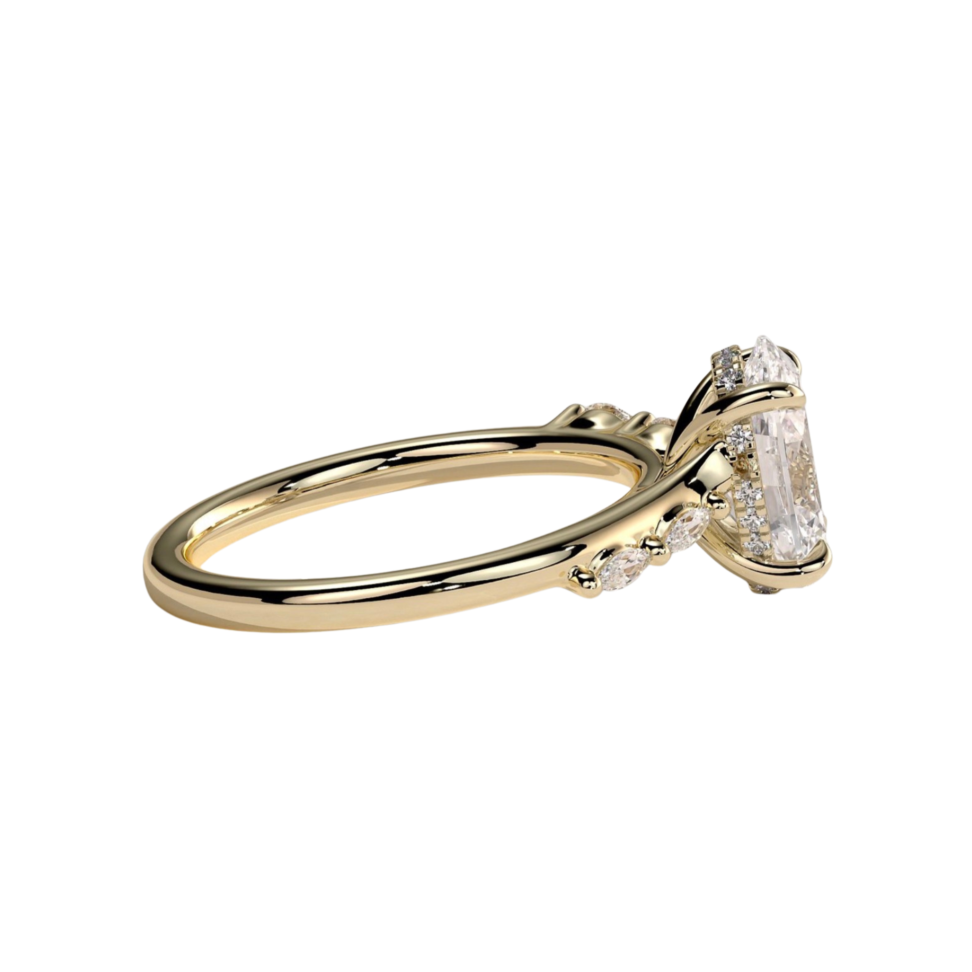 Luxury custom oval claw solitaire engagement ring featuring a brilliant oval-cut center stone with a sparkling hidden halo, flanked by elegant opposing marquise-cut side accents on an elevated high cathedral setting. Sophisticated timeless design crafted for maximum brilliance, structural durability, and elegance, available in custom carat weights and white gold, yellow gold, rose gold, platinum, lab-grown diamond, or moissanite options.