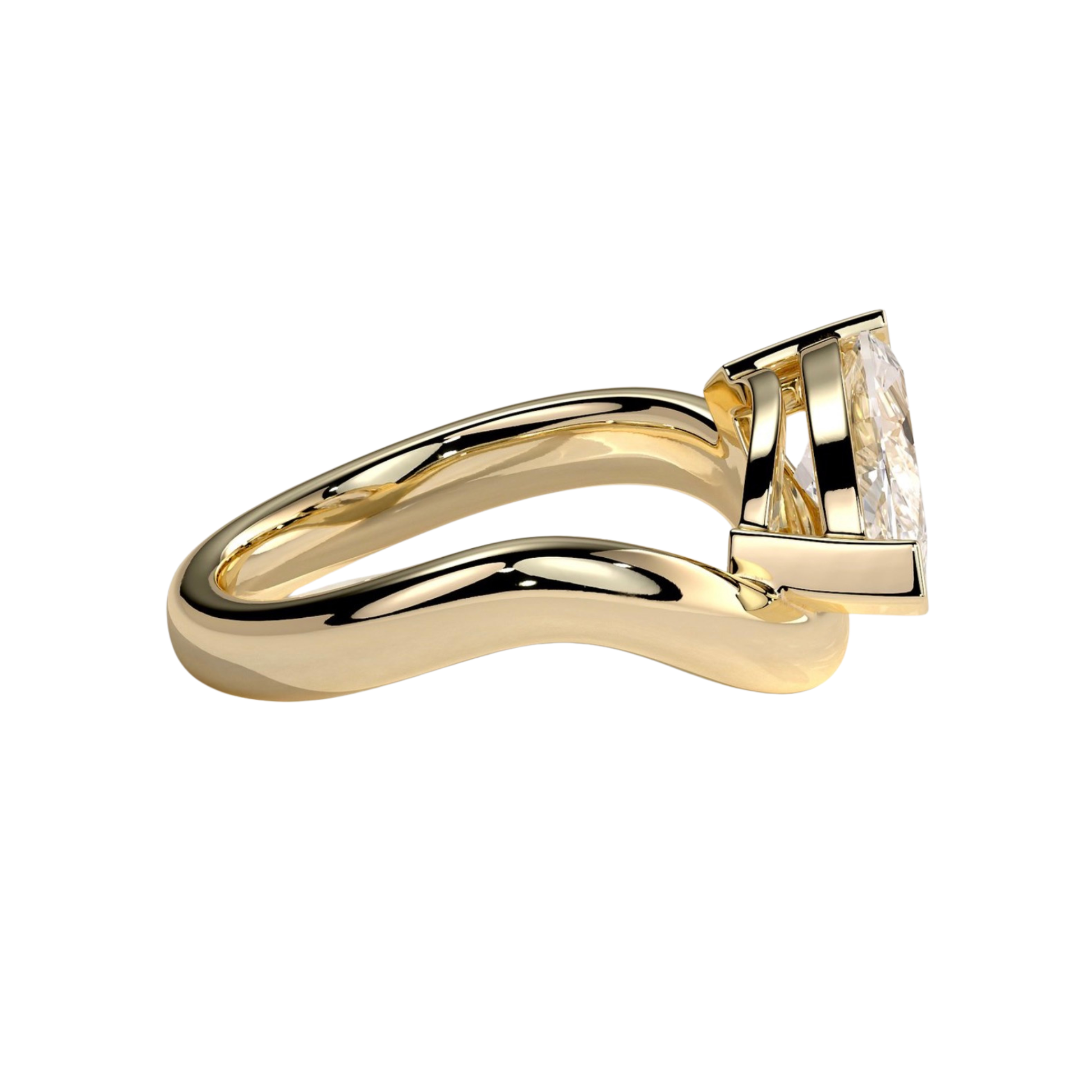 Luxury marquise east west claw solitaire engagement ring featuring a brilliant horizontally set marquise-cut center stone secured in a refined claw setting with an elegant wave band design. Contemporary sculpted silhouette crafted for timeless sophistication and everyday brilliance, available in white gold, yellow gold, rose gold, platinum, lab-grown diamond, or moissanite options.