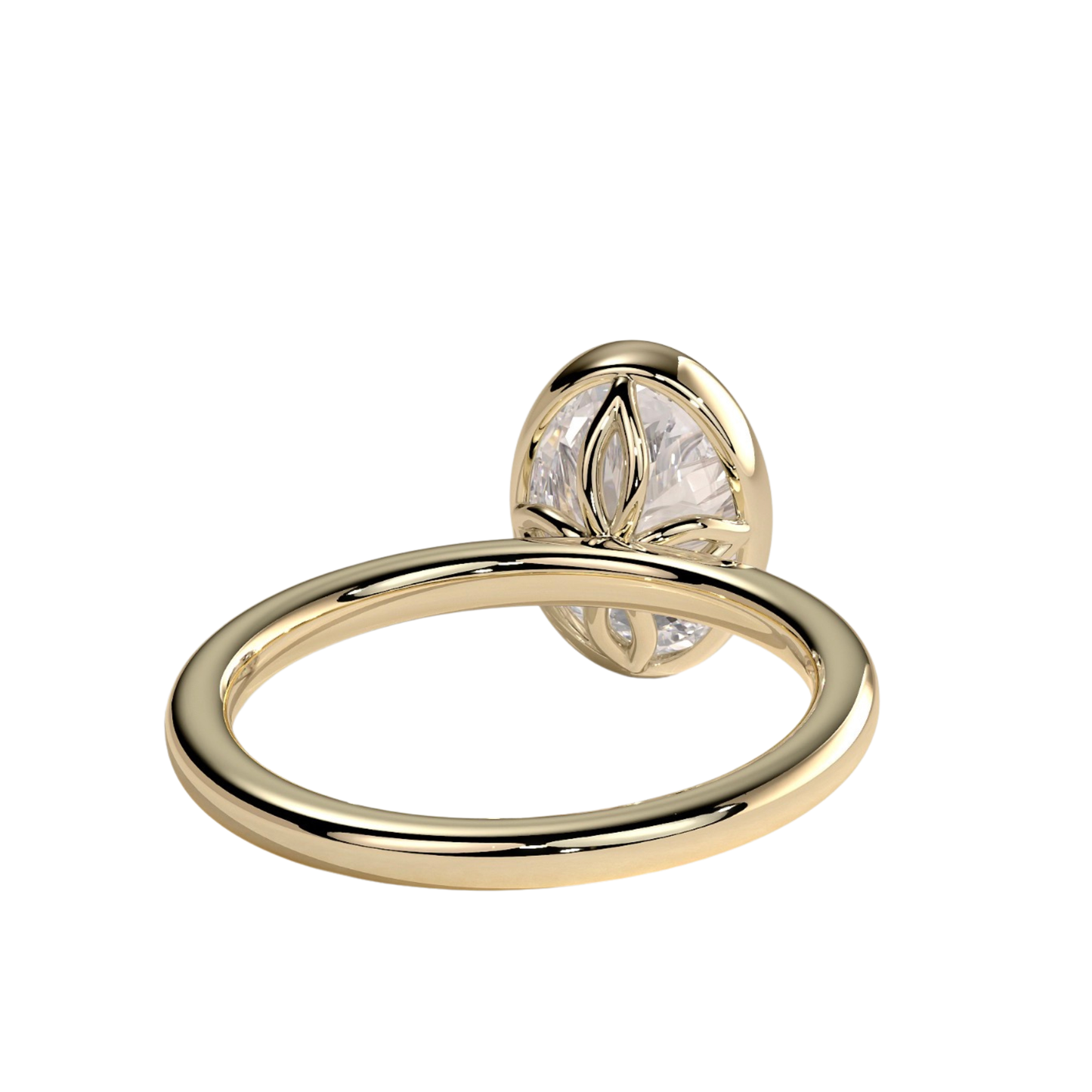 Luxury oval bezel solitaire engagement ring featuring a brilliant oval-cut center stone in a sleek bezel setting, complemented by an elegant petal gallery beneath the stone. Nature-inspired design with timeless sophistication and lasting durability, available in white gold, yellow gold, rose gold, platinum, lab-grown diamond, or moissanite options.