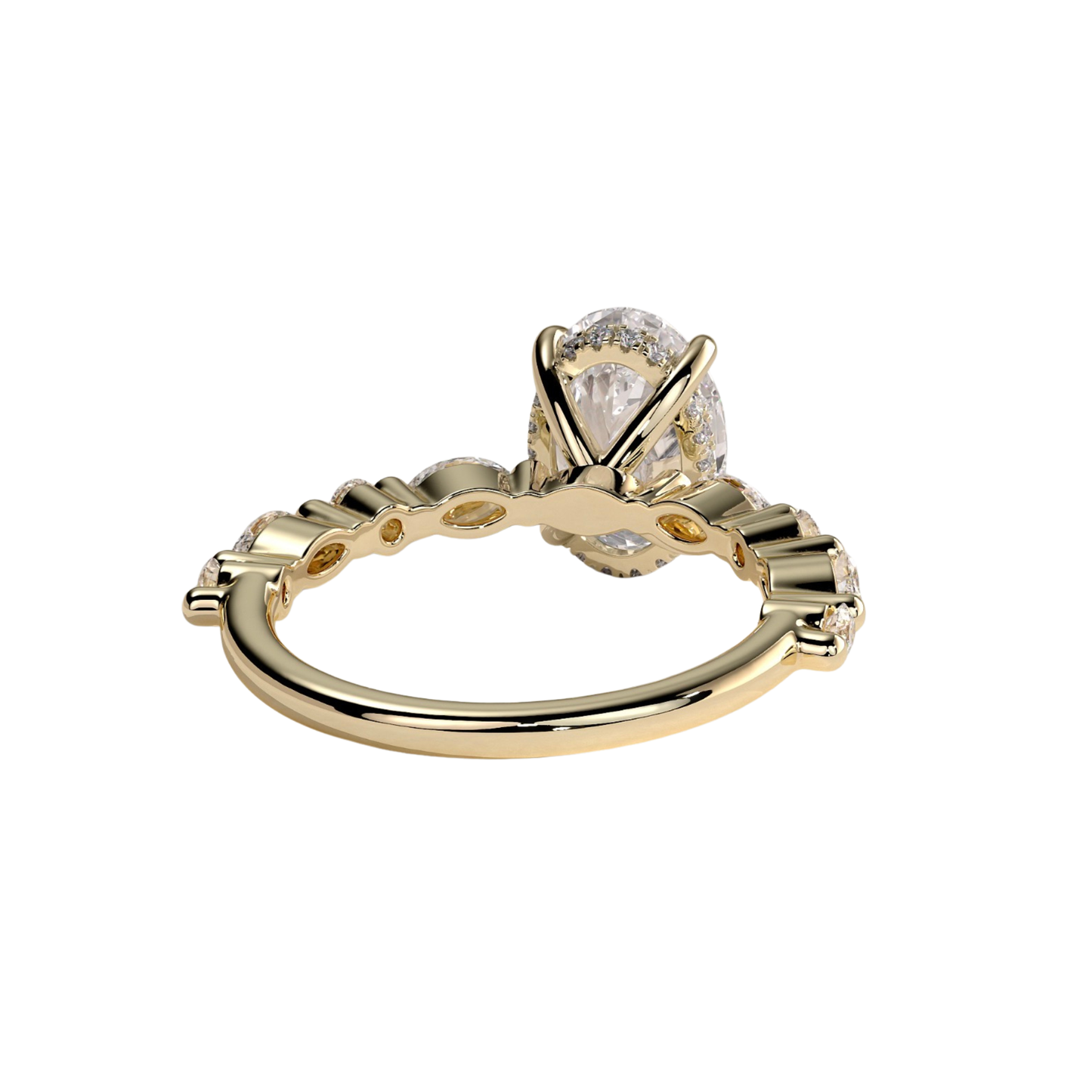 Luxury oval claw solitaire engagement ring featuring a brilliant oval-cut center stone accented with marquise and round side diamonds, finished with a sparkling hidden halo beneath the center stone. Elegant timeless design crafted for exceptional brilliance and sophistication, available in white gold, yellow gold, rose gold, platinum, lab-grown diamond, or moissanite options.